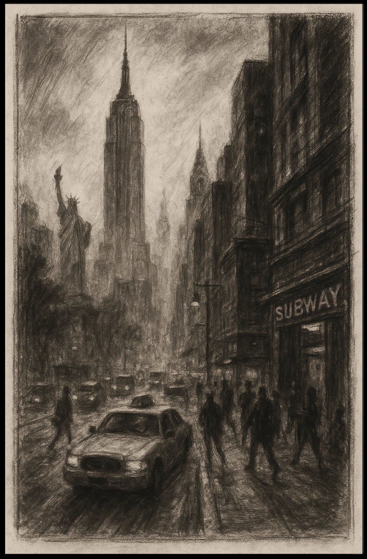 Charcoal Cityscape Of New York Poster Vintage Wall Art