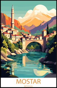 Mostar Vibrant Arched Bridge Travel Poster