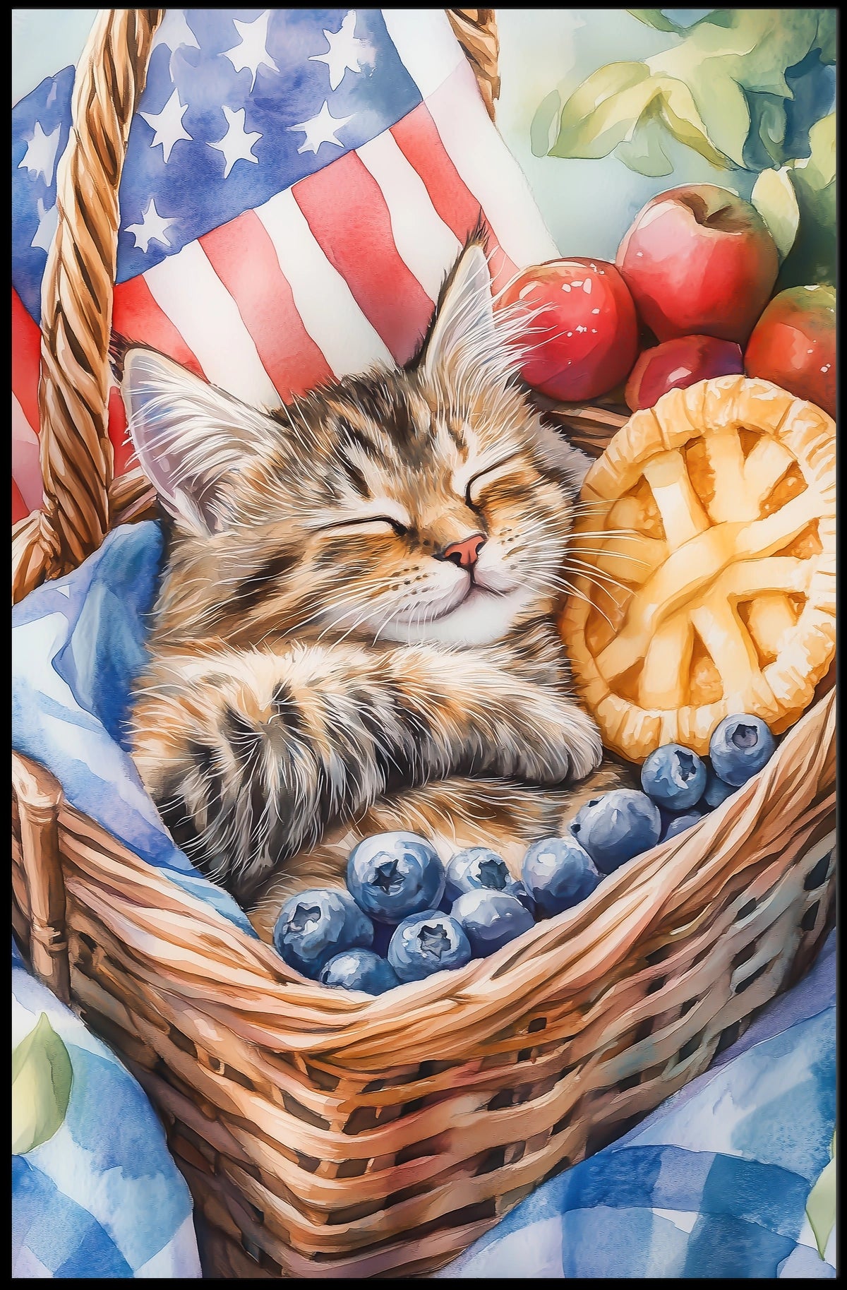 Fluffy Tabby Cat Sleeping In Basket With Fruit Poster