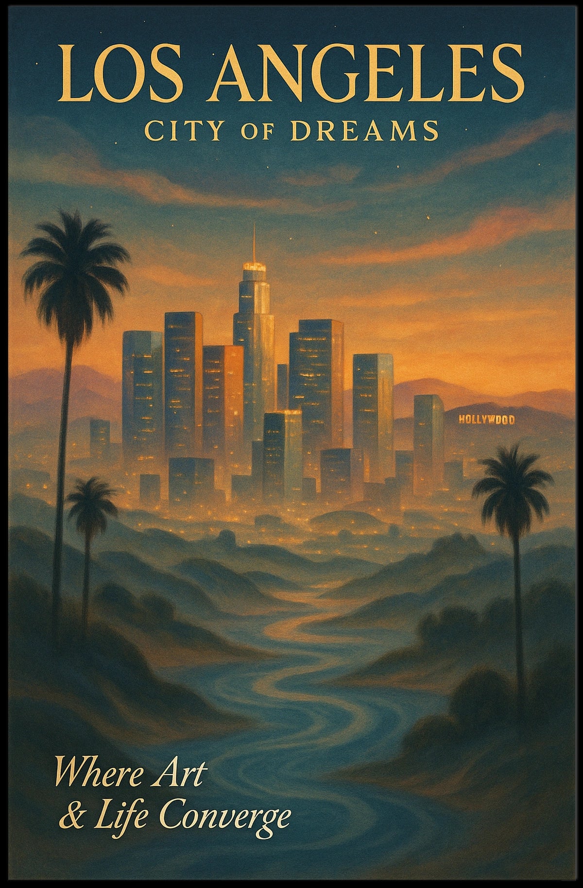 Los Angeles Skyline Sunset Art Poster: Dreamy Illustration