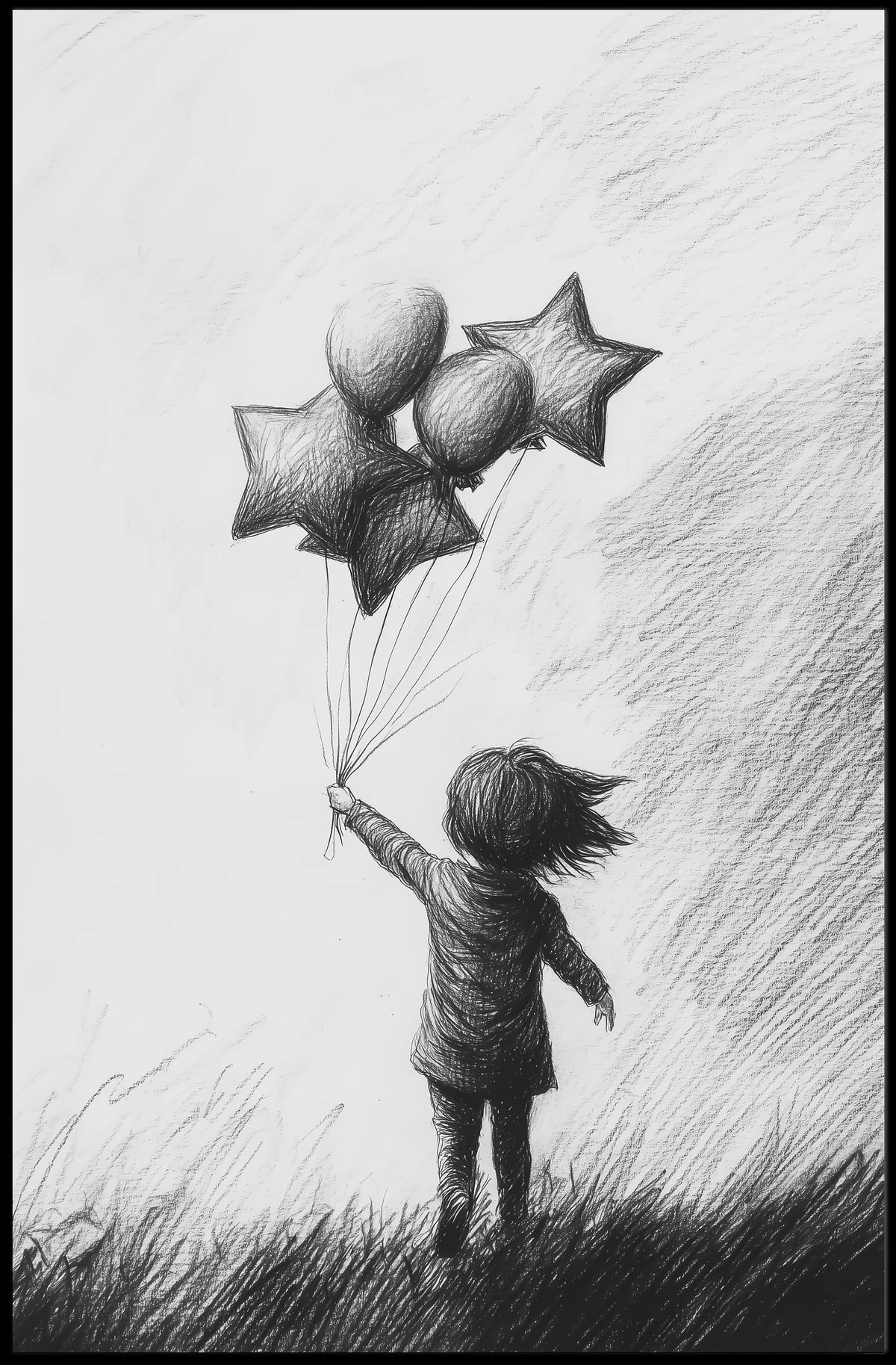 Monochrome Sketch Child Releasing Star Balloons Poster