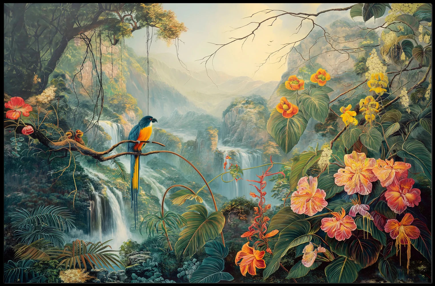 Vibrant Jungle Scene with Exotic Waterfalls Poster