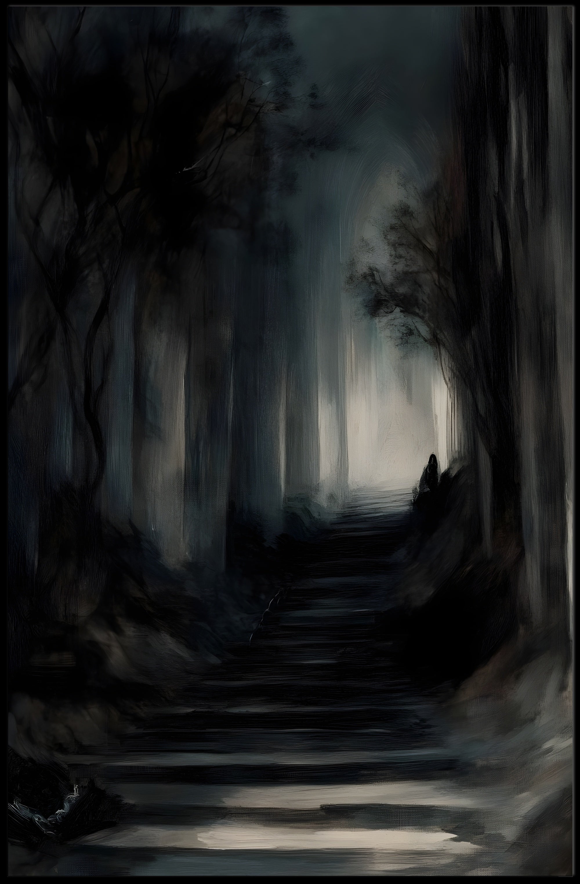 Mysterious Dark Forest Scene Artistry - Artistic Poster PosterGoat