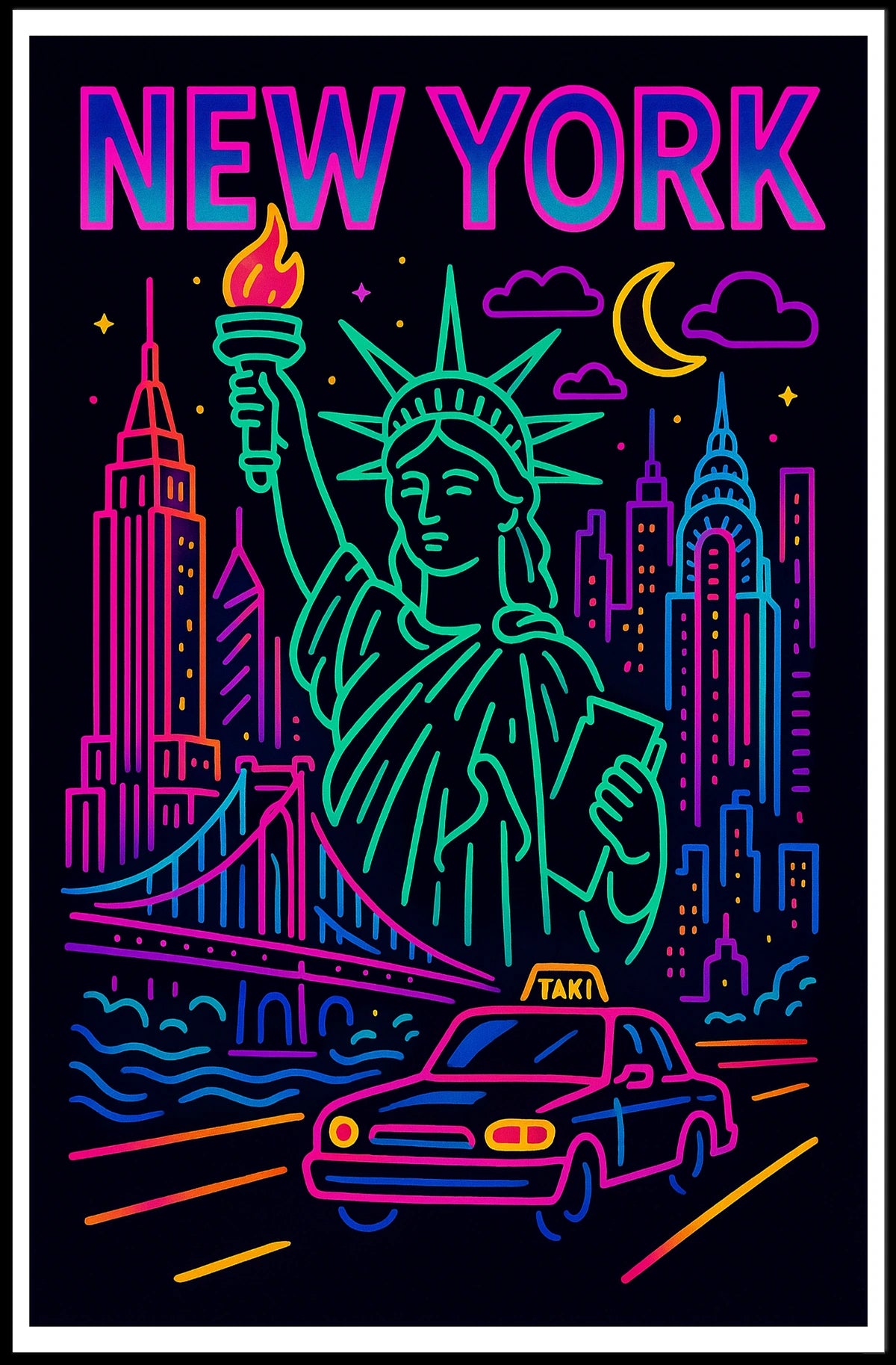 Neon New York Cityscape Vibrant Poster Modern Wall Art