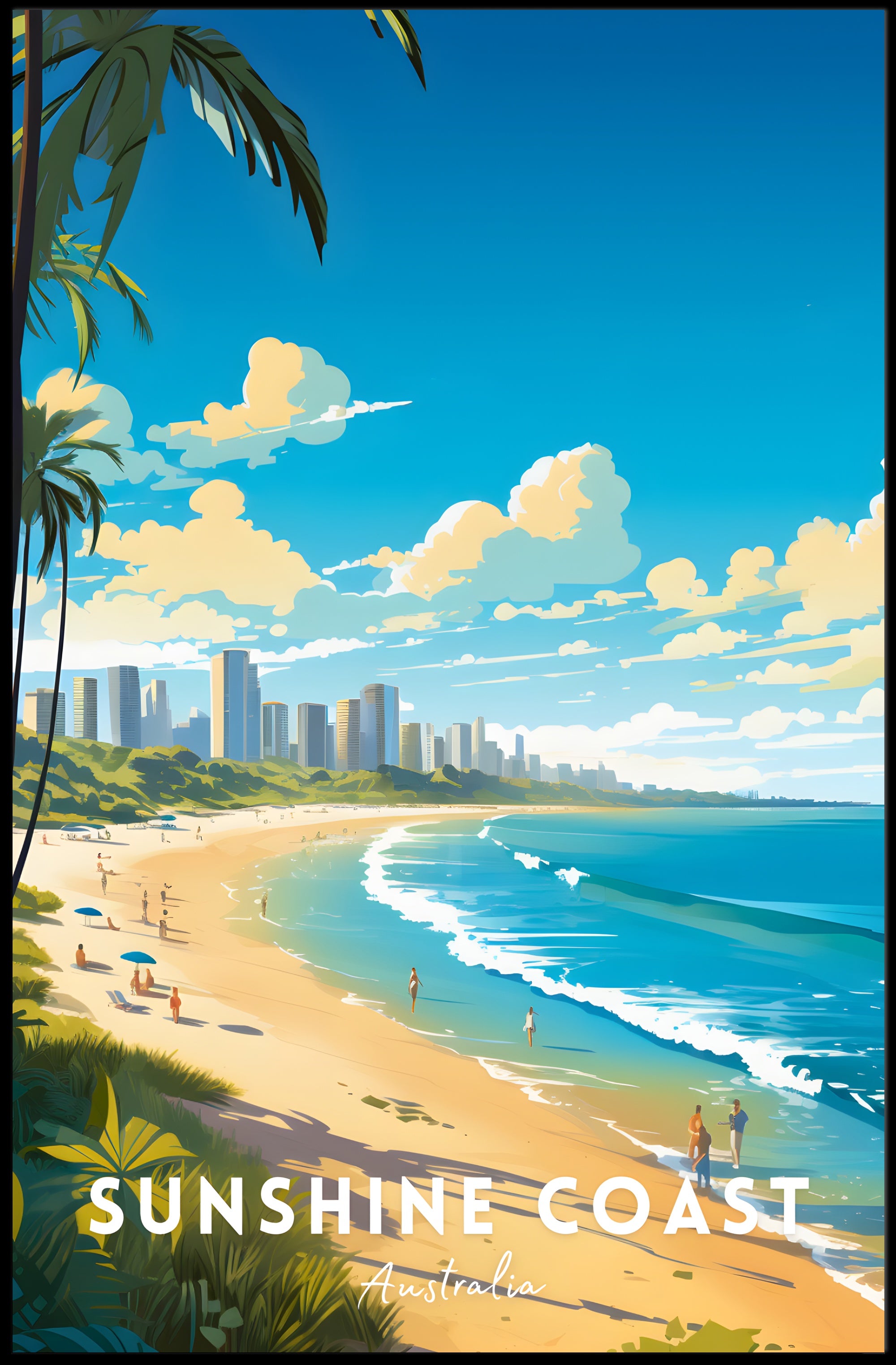 Sunshine Coast Vibrant Beach Scene Travel Poster