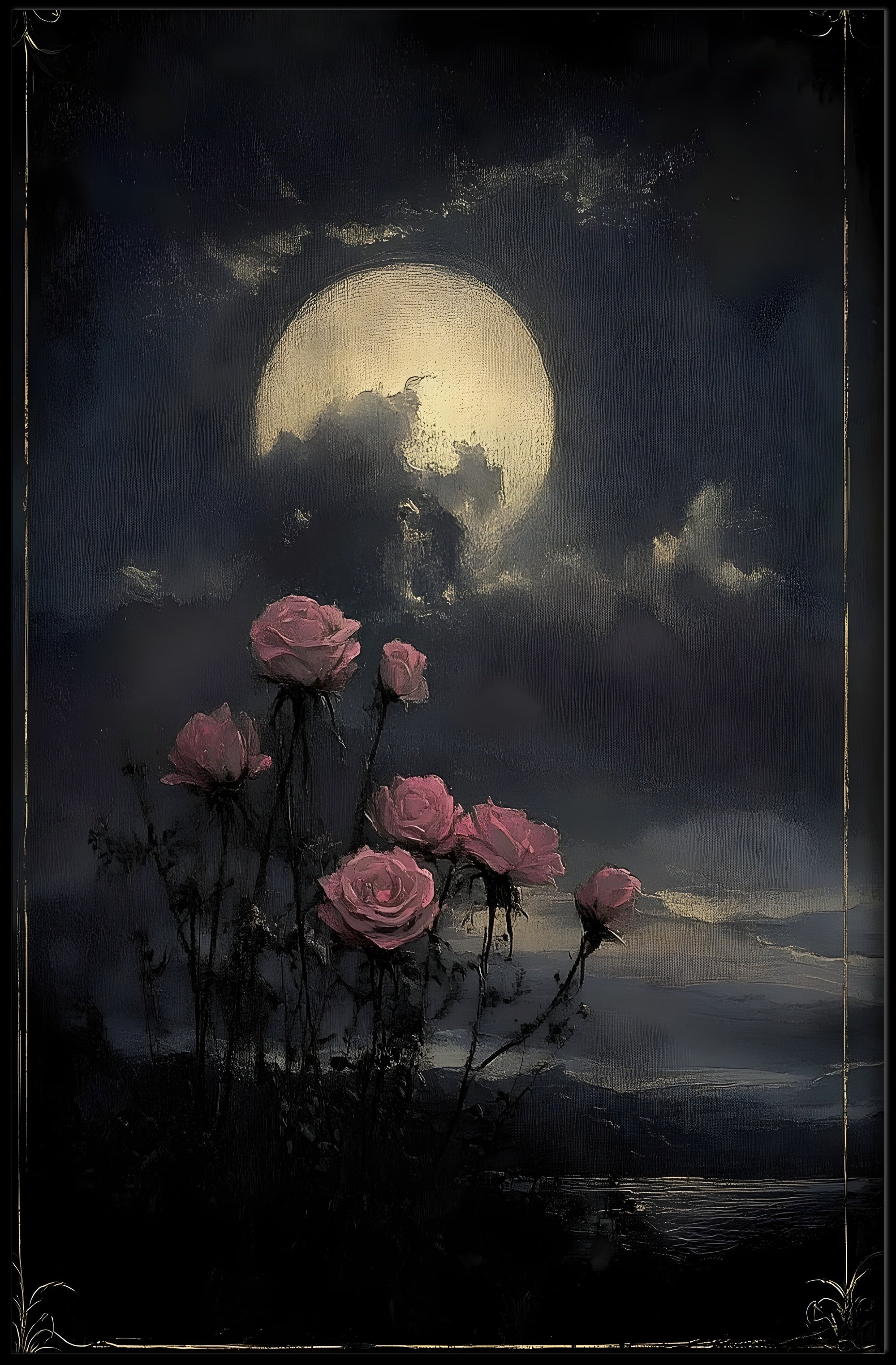 Moonlit Roses Under Night Sky: Space or Astronomy Poster PosterGoat