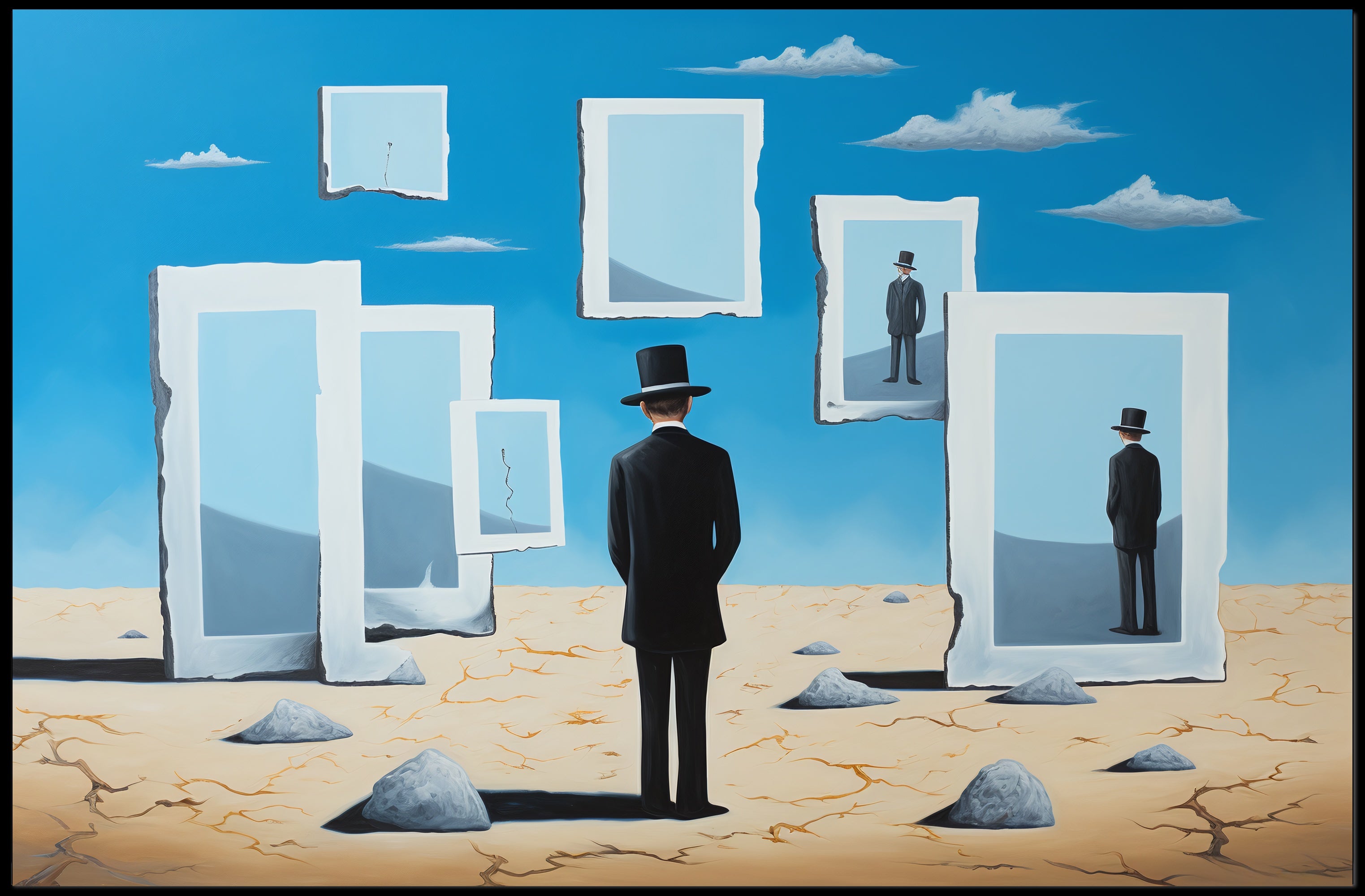 Surreal Desert Landscape with Bowler Hat Figure Artistic Poster