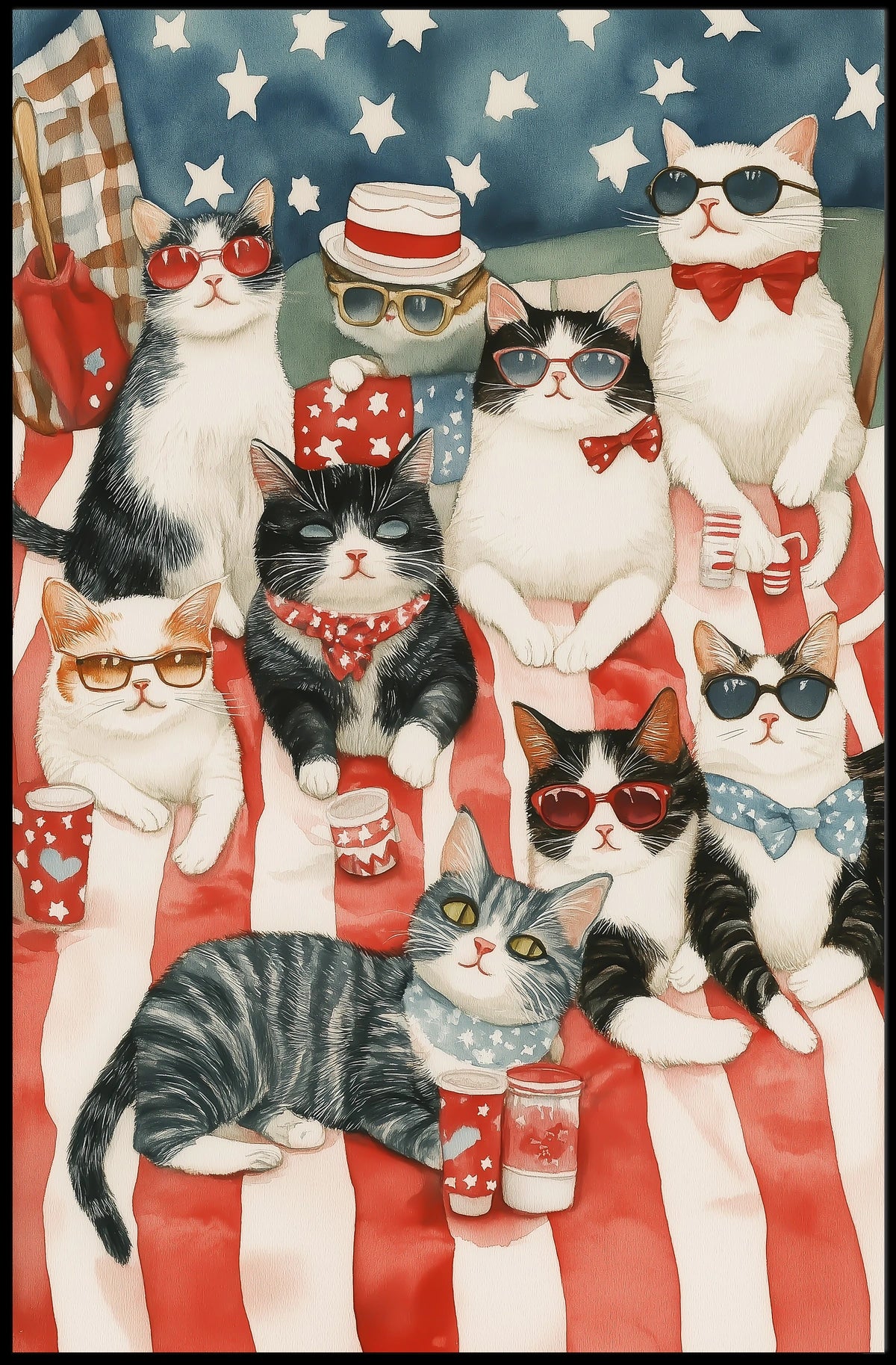 Patriotic Cats Relaxing On American Picnic Blanket Poster
