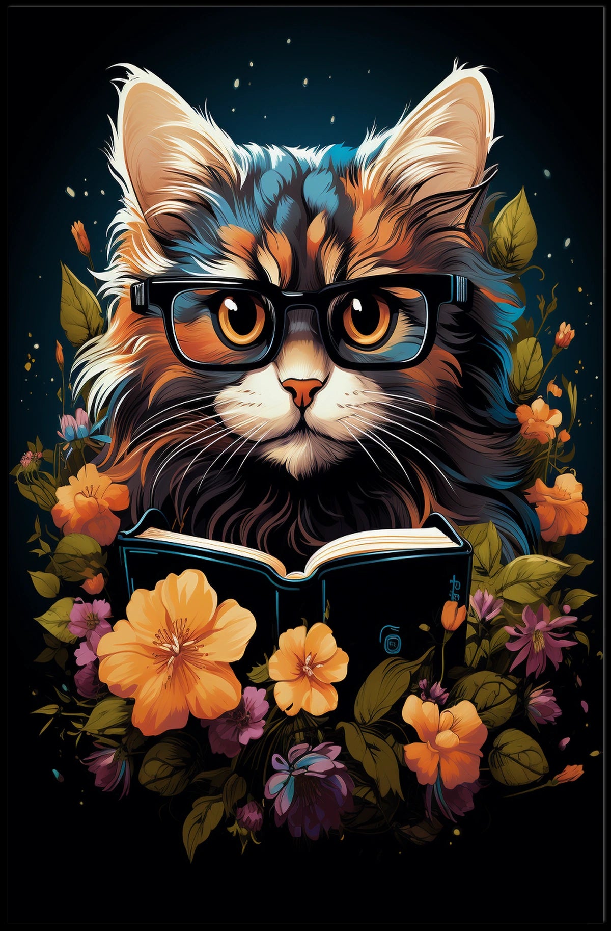 Whimsical Cat Glasses Poster with Vibrant Flowers