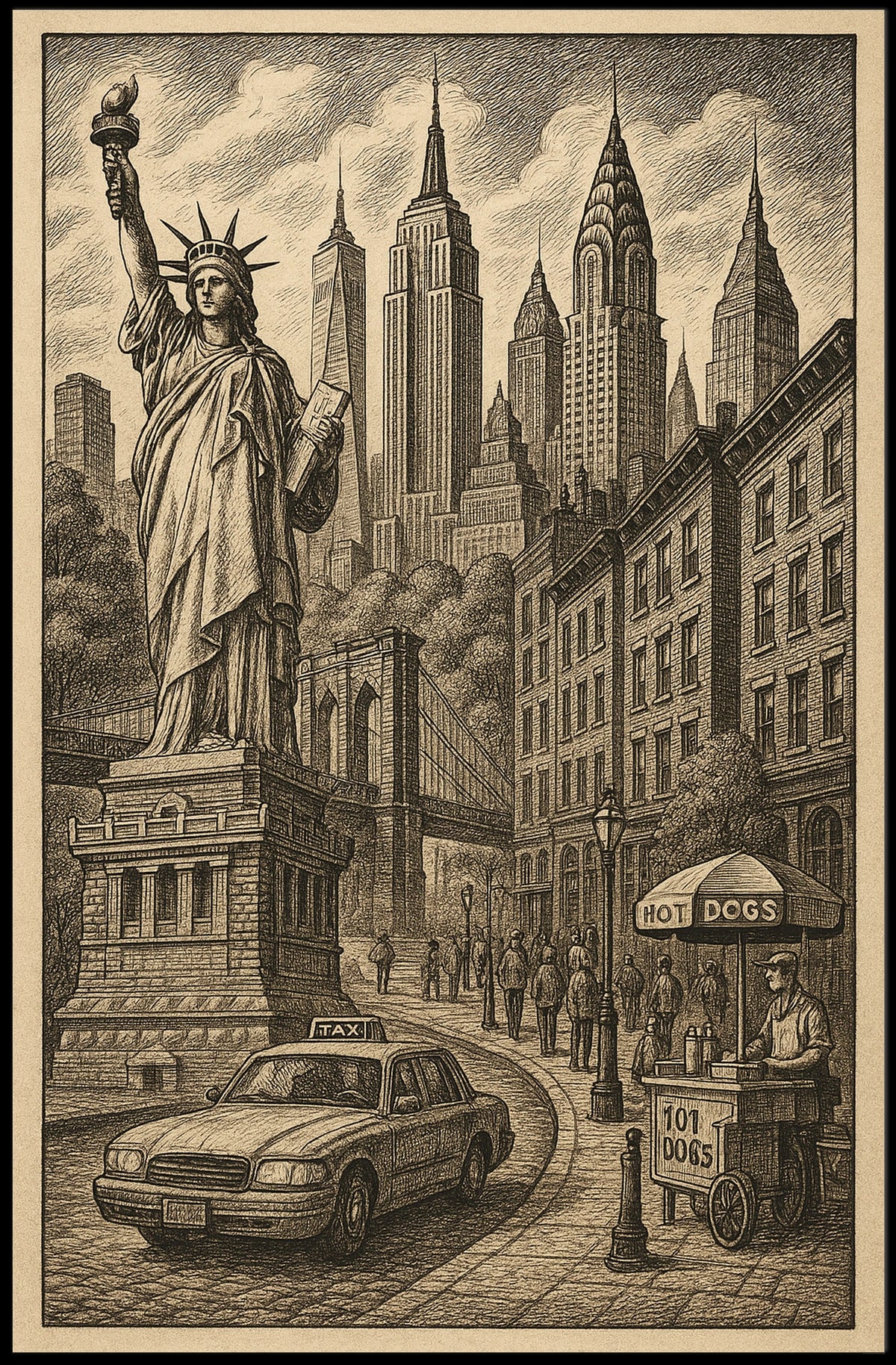 New York City Liberty Skyscrapers Poster Vintage Wall Art