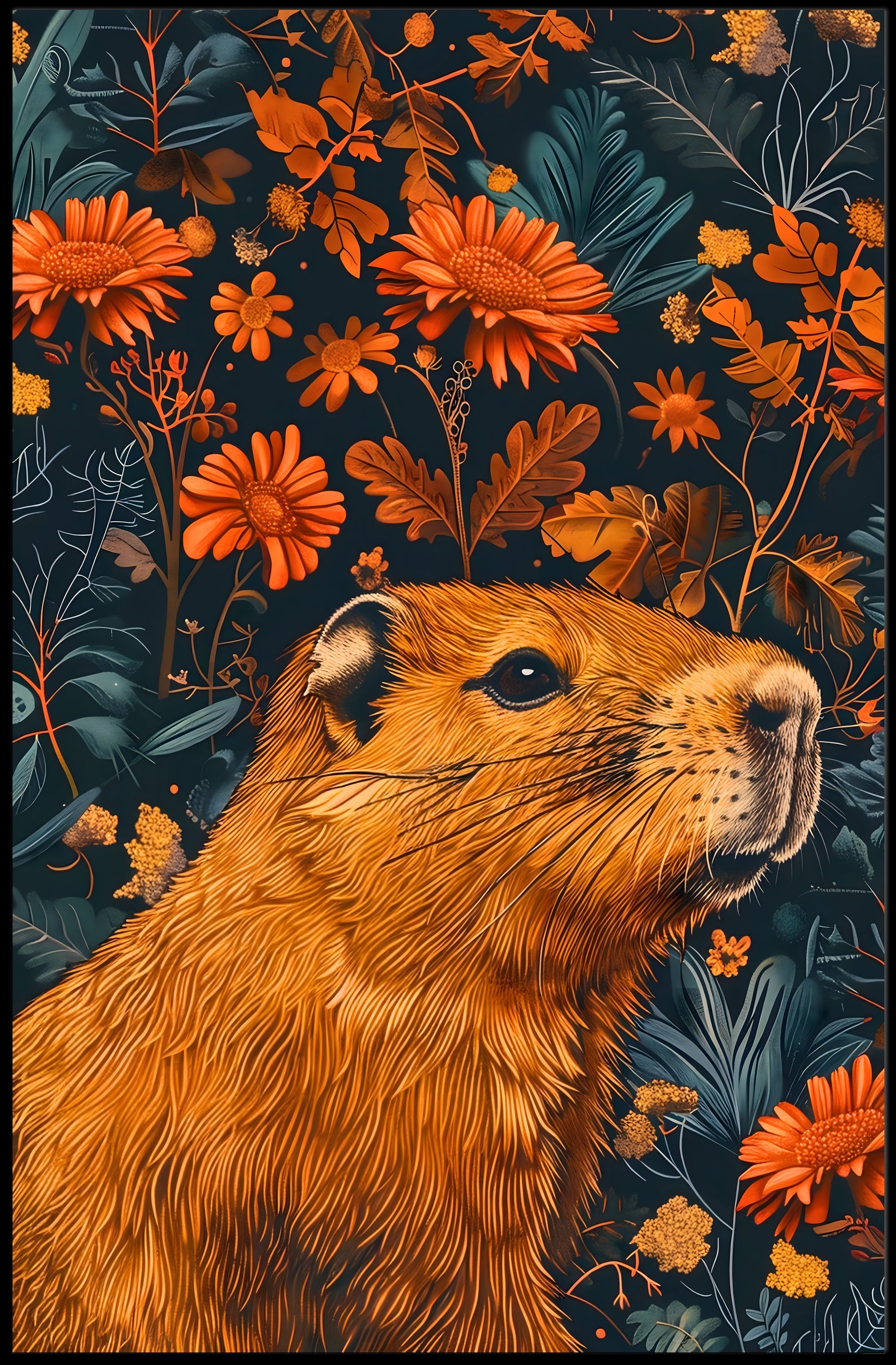 Nature-Inspired Groundhog and Floral Illustration Animal Poster