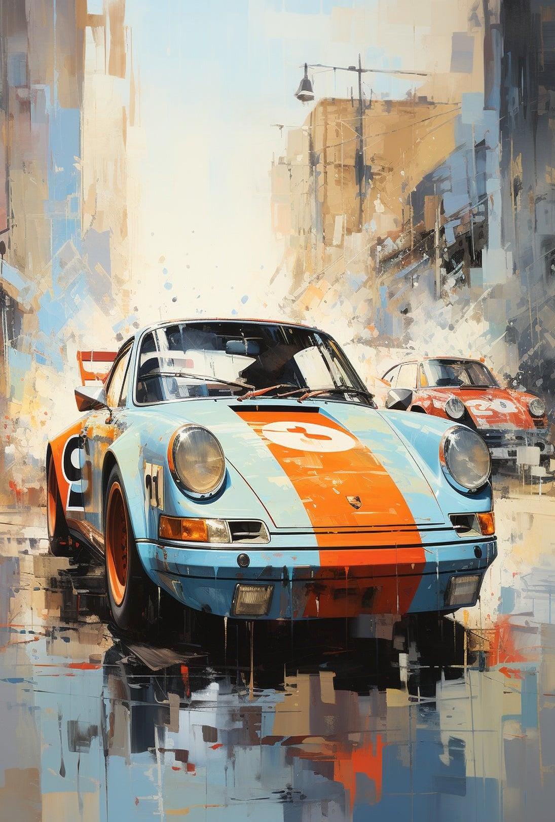 Vintage Racing Cars in Urban Setting Sports Poster