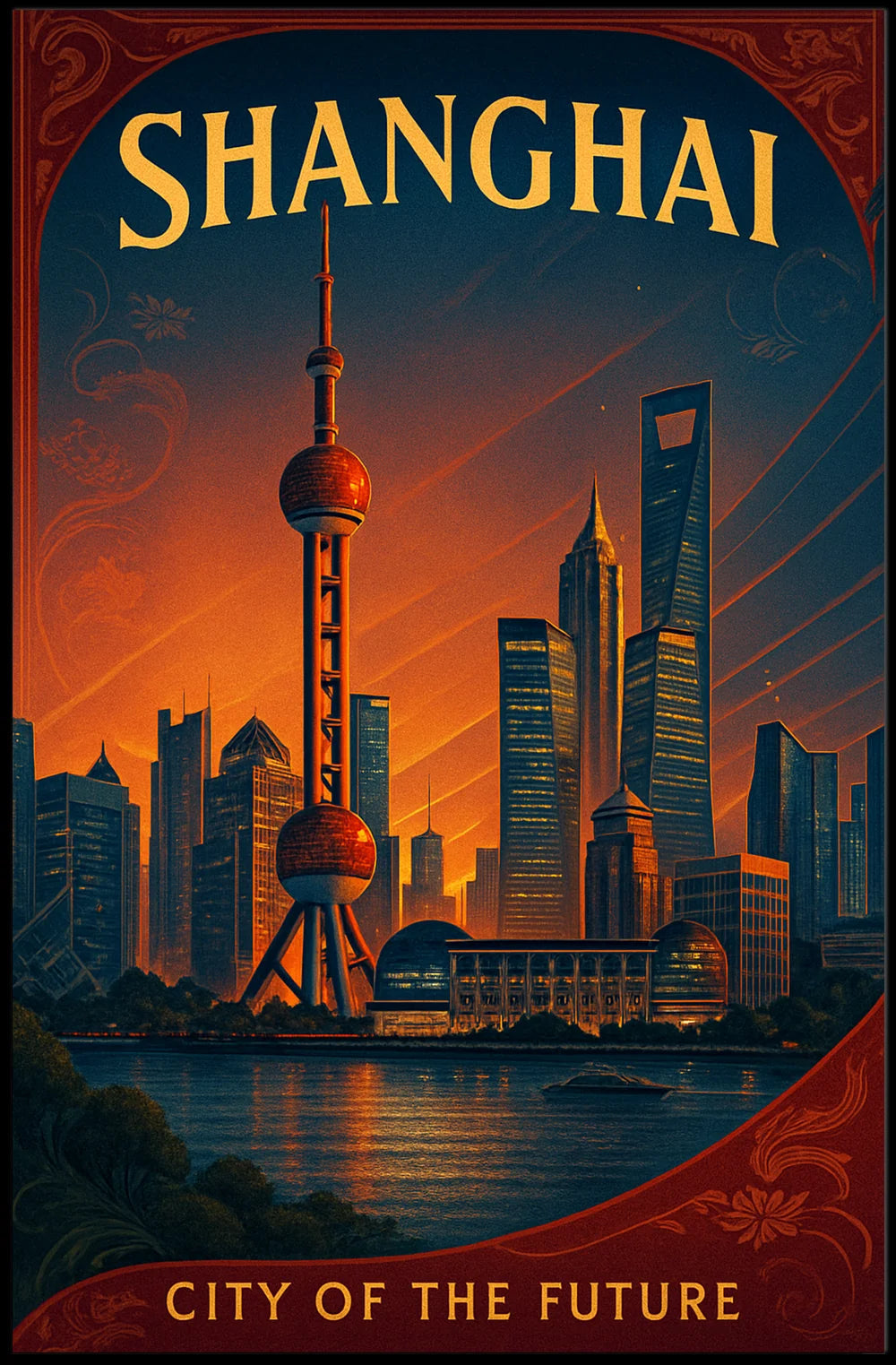 Shanghai Skyline Future Vision Retro Cityscape Urban Poster PosterGoat