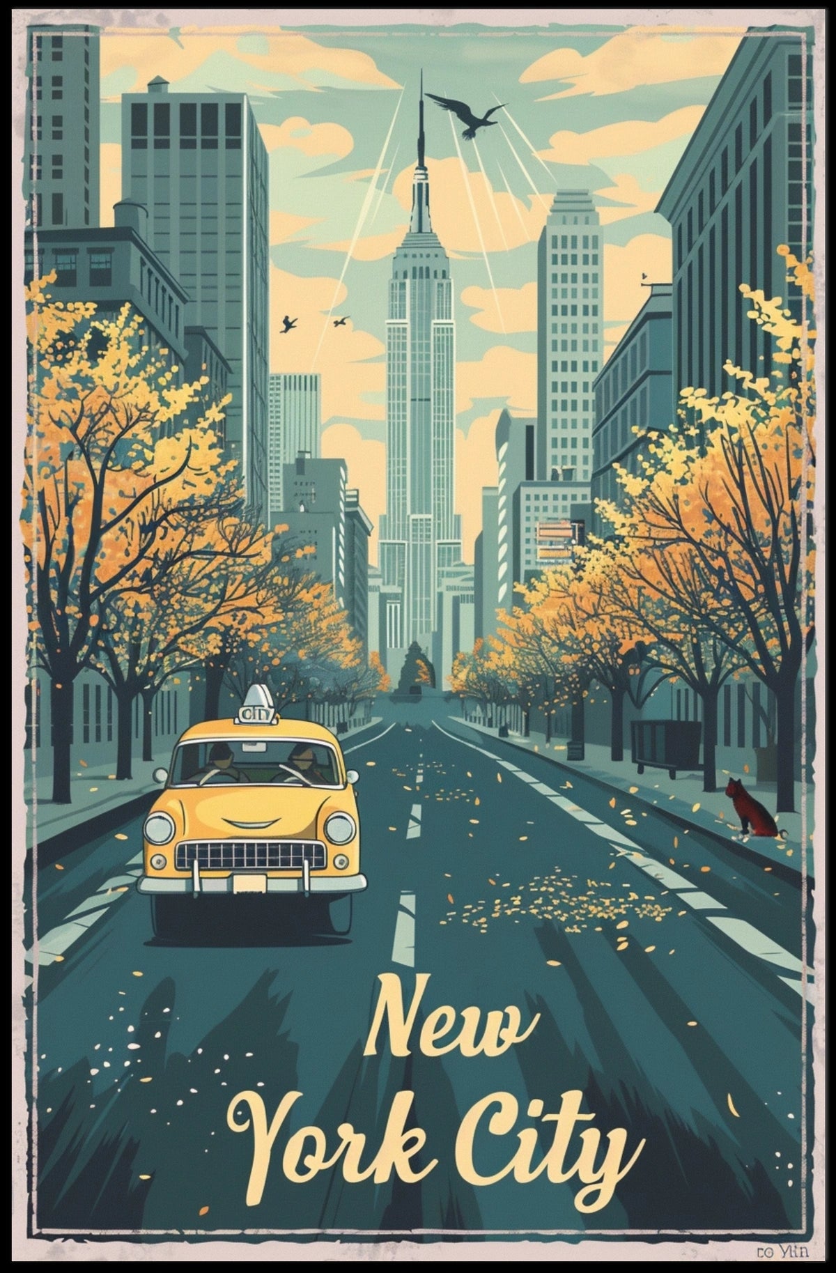 New York City Autumn Taxi Skyline Poster Vintage Wall Art