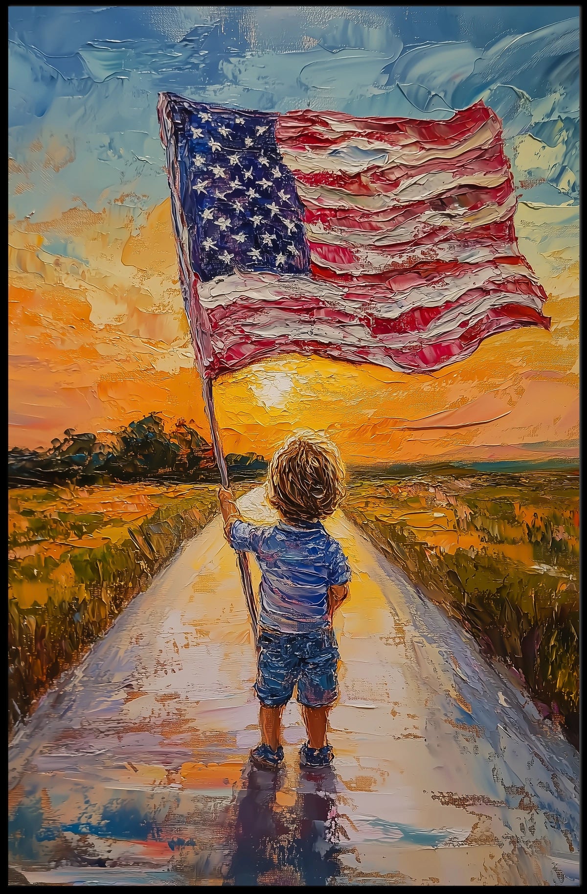 Child Holding American Flag On Sunset Dirt Road Poster