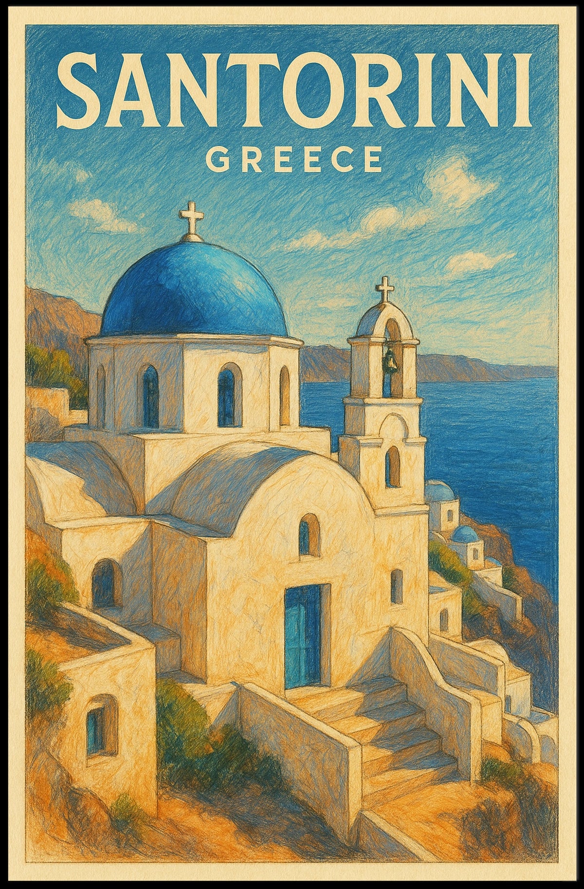 Santorini Greece Vintage Travel Lovers Poster