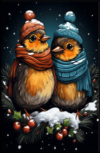 Winter Wonderland Companions Birds Knitwear Folk Art Whimsical Seasonal Decor Cozy Holiday Poster