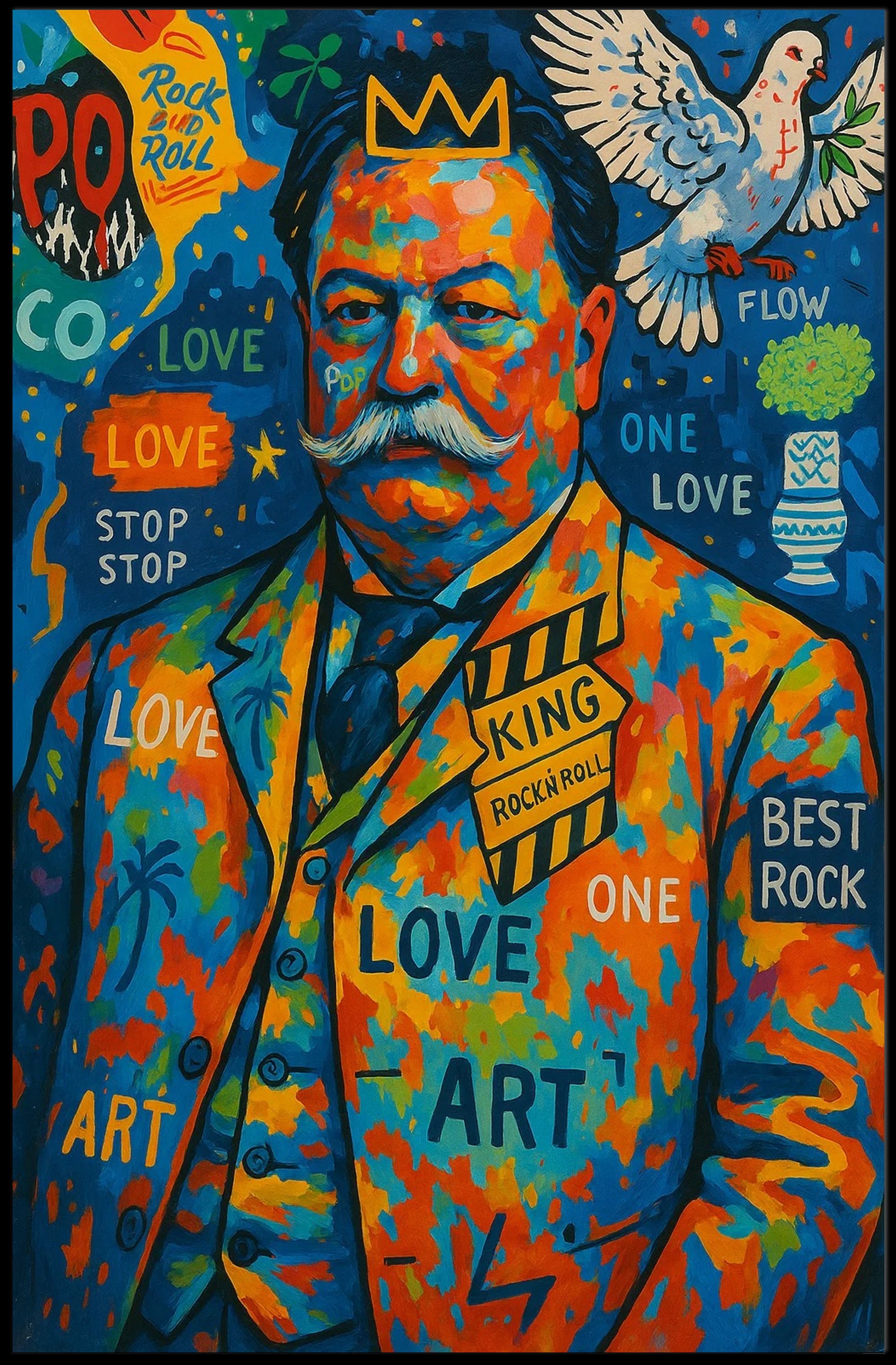 Colorful King with Crown and Dove Pop Culture Poster