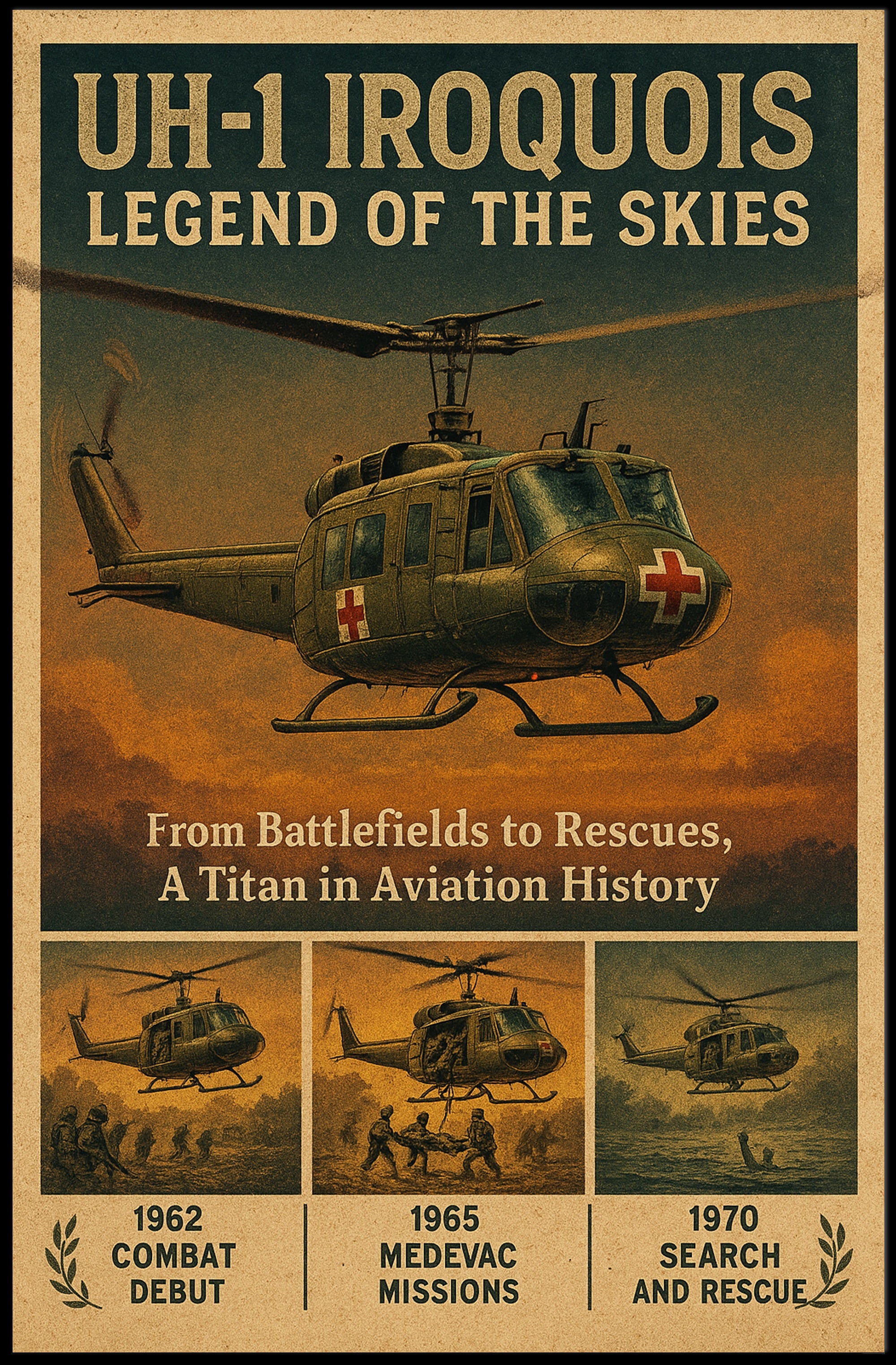 UH 1 Iroquois Vintage Aviation Poster Wall Art