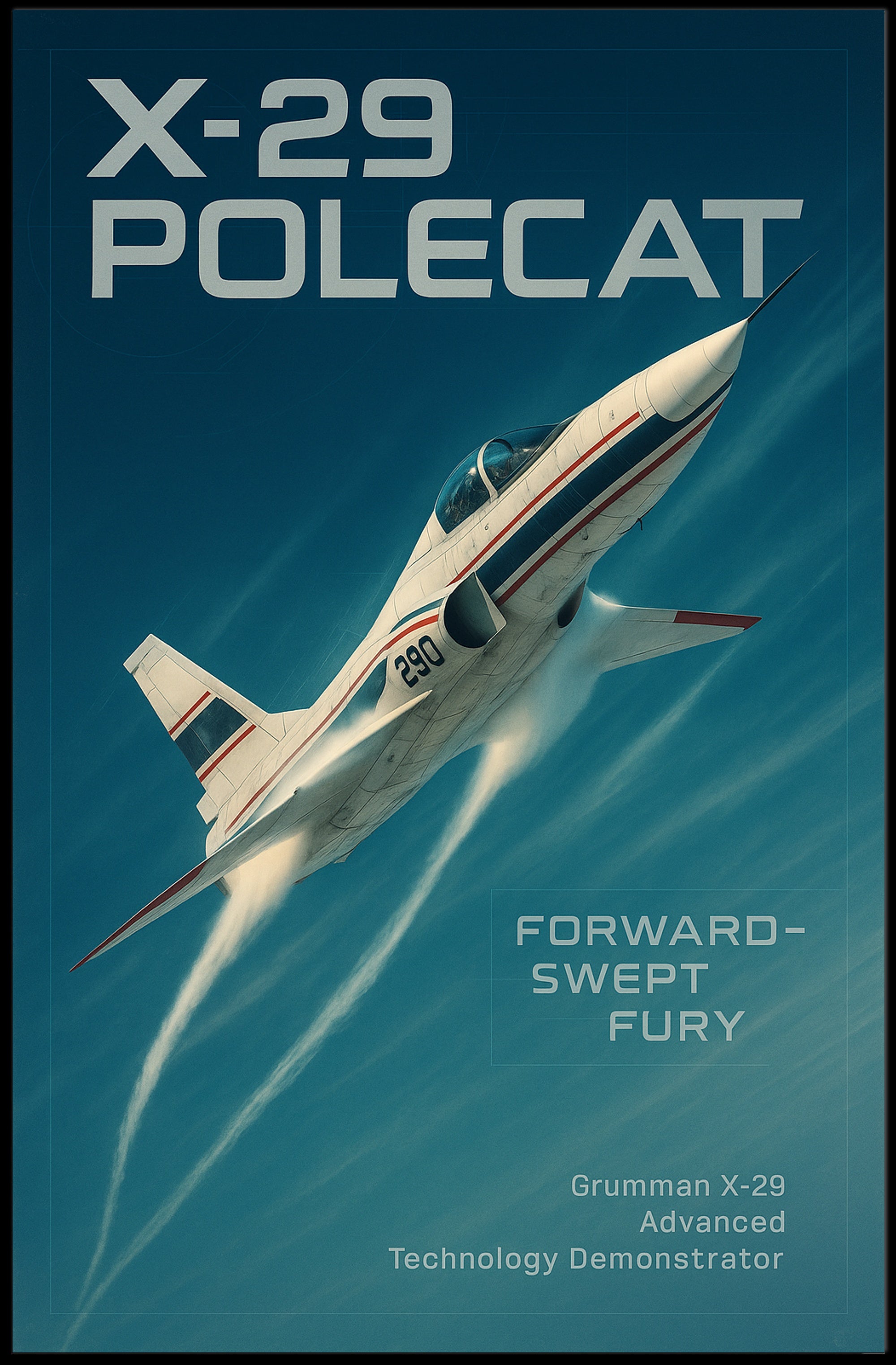 Grumman X-29 Aviation Masterpiece Against Clear Blue Sky: Futuristic Sci-Fi Poster