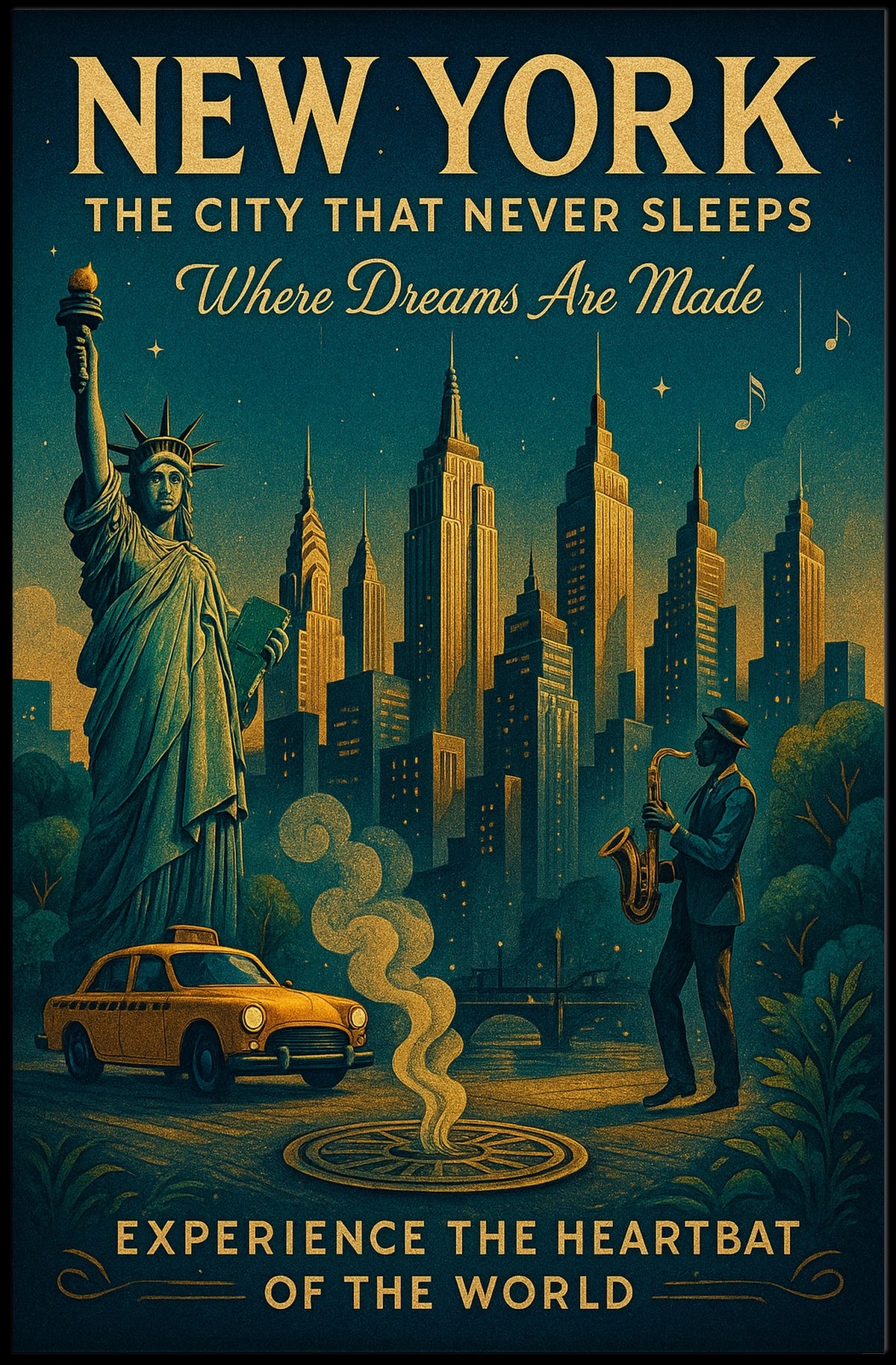 New York Dreams Poster Vintage Urban Cityscape Wall Art
