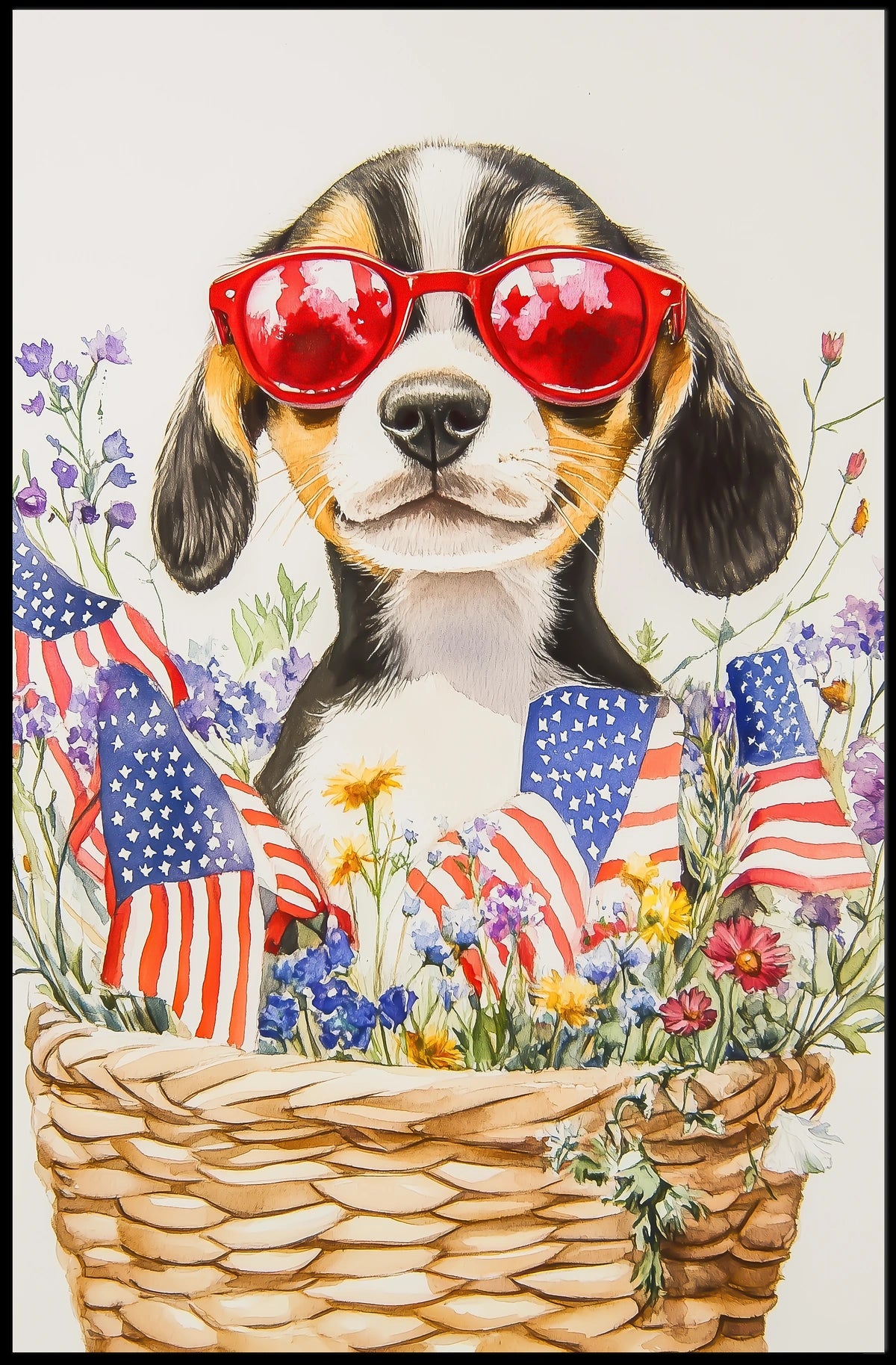 Beagle Puppy With Red Sunglasses In Floral Basket Poster