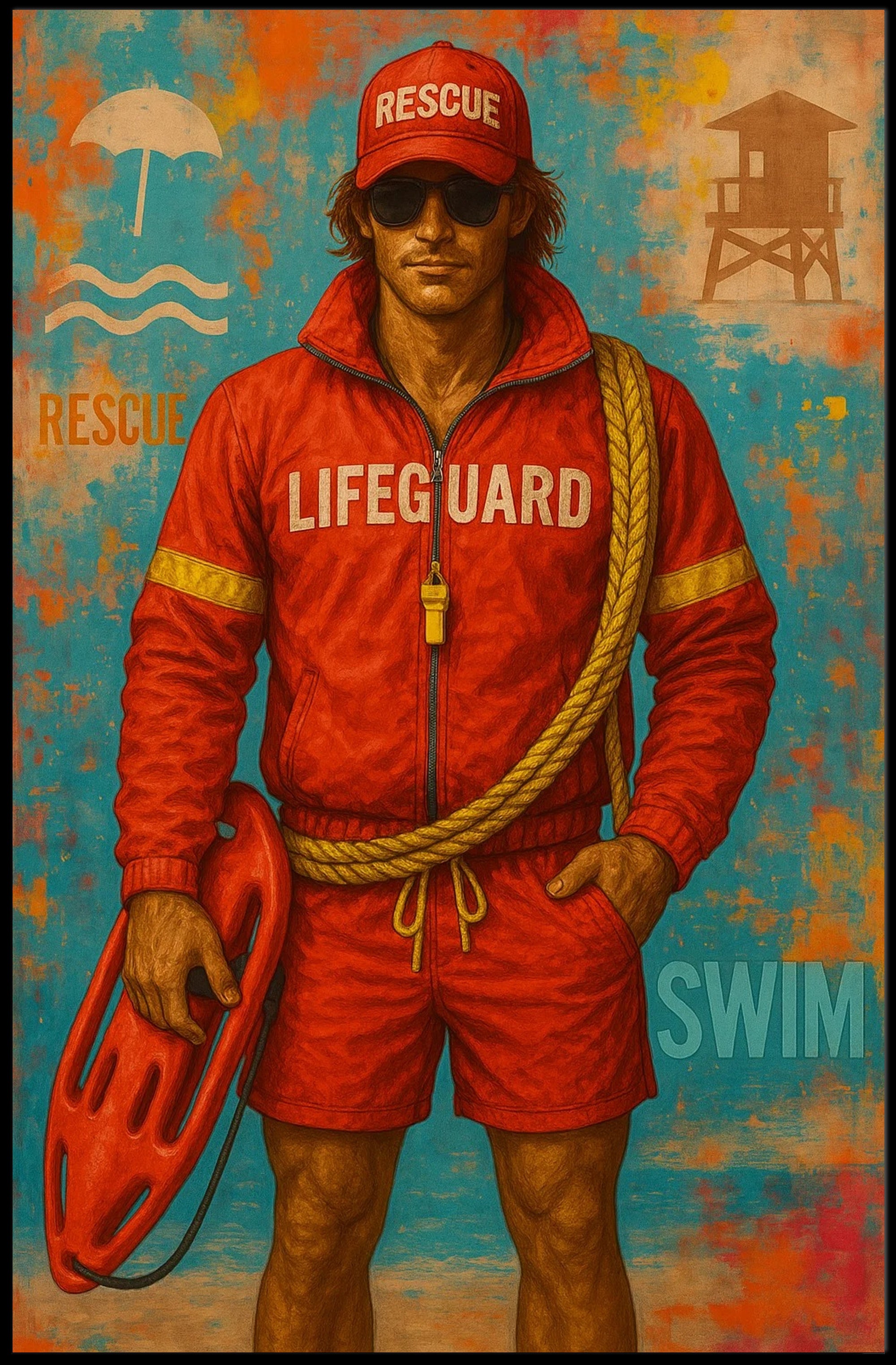 Lifeguard Beach Safety Vibrant Illustration Travel Poster