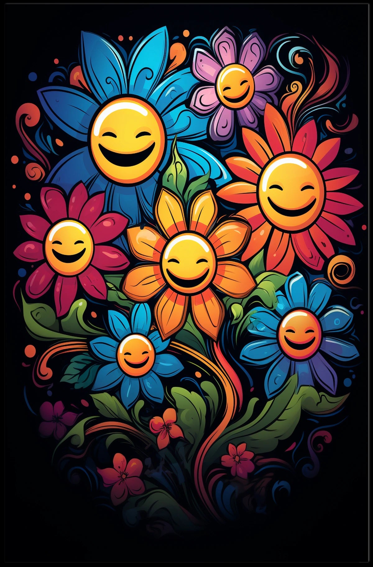 Vibrant Smiley Flowers Pop Art Poster for Joy