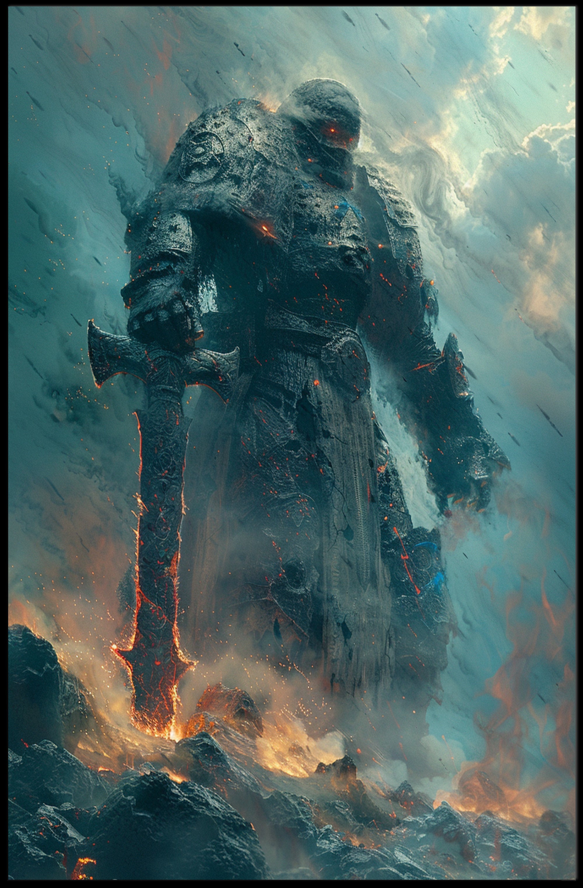 Mythical Warrior in Fiery Landscape Fantasy Poster PosterGoat