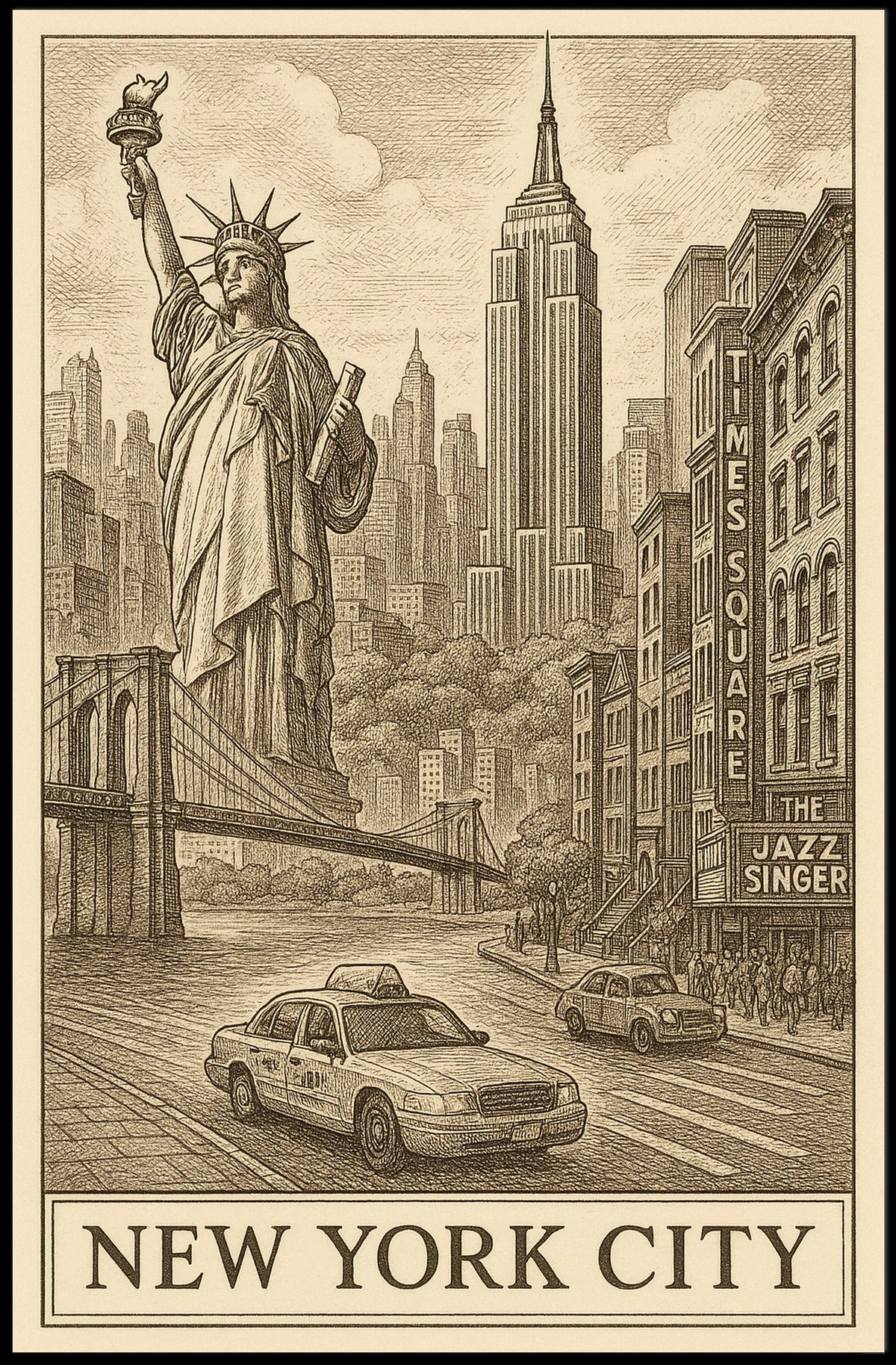 Timeless New York City Poster Vintage Sepia Urban Art Fans