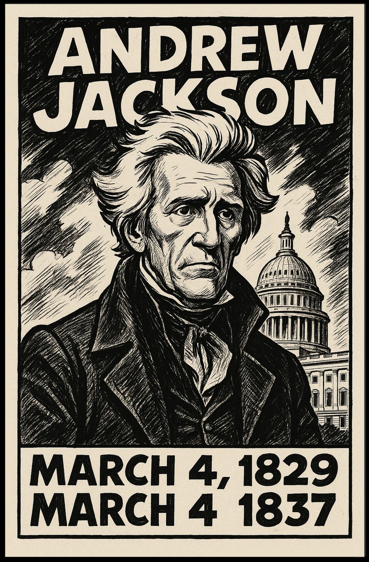 Andrew Jackson 7th President of the United States B & W Comic Sketch Poster