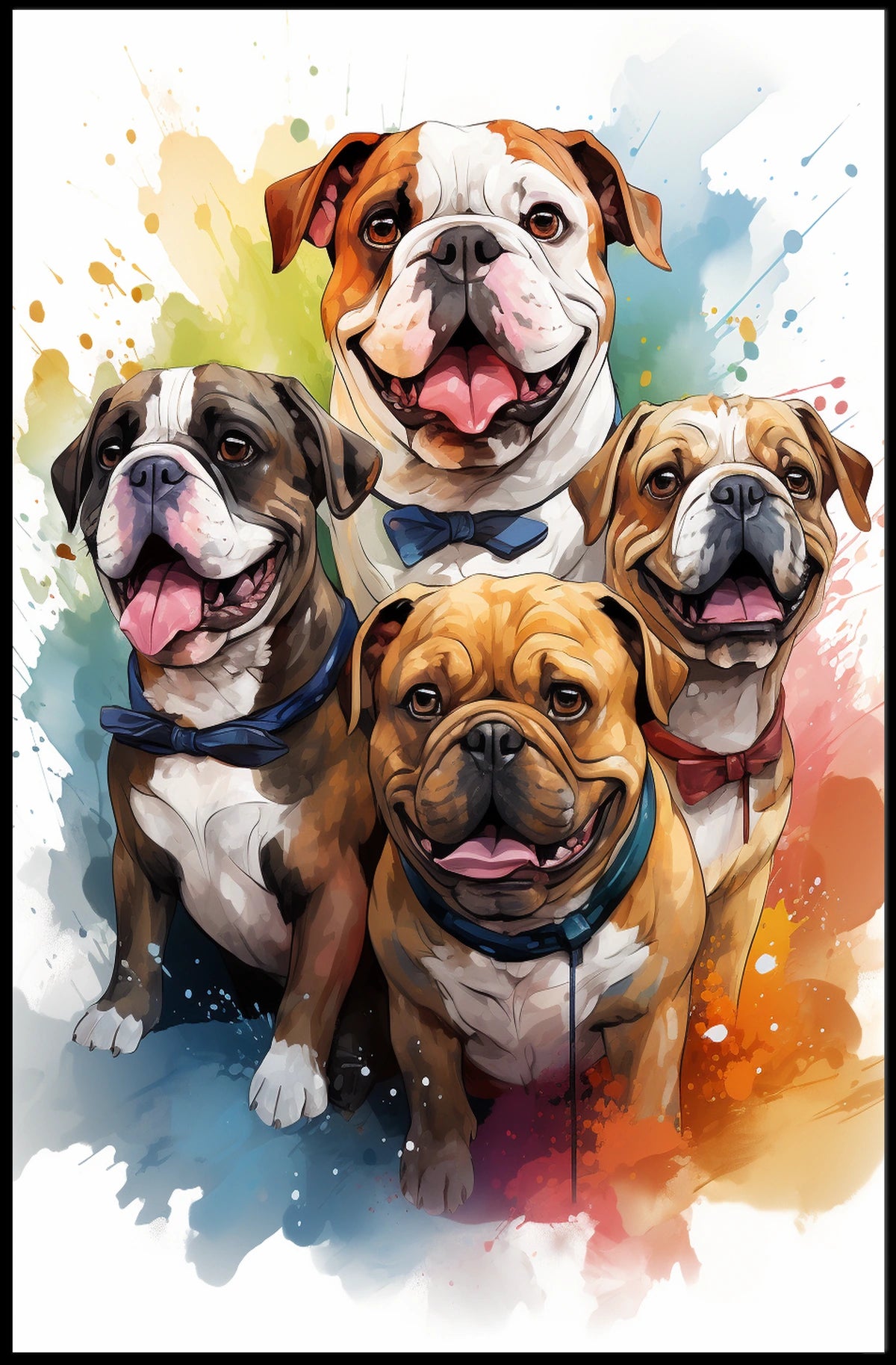 Colorful Bulldog Art Poster with Bow Ties
