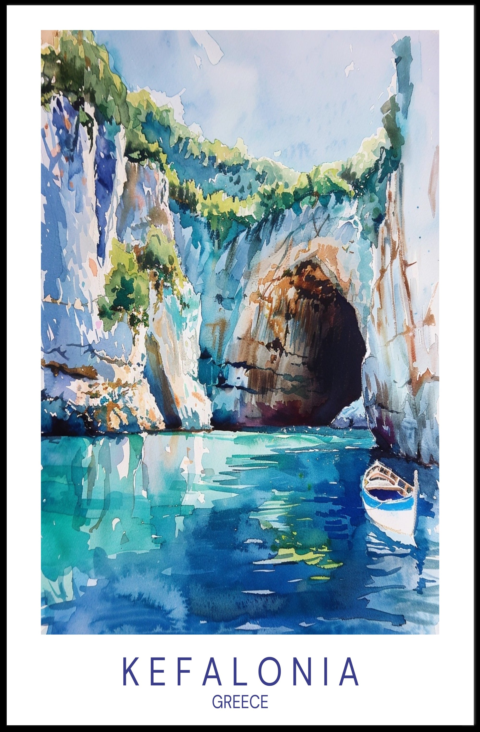 Vibrant Kefalonia Coastal Scene Watercolor - Travel Poster PosterGoat