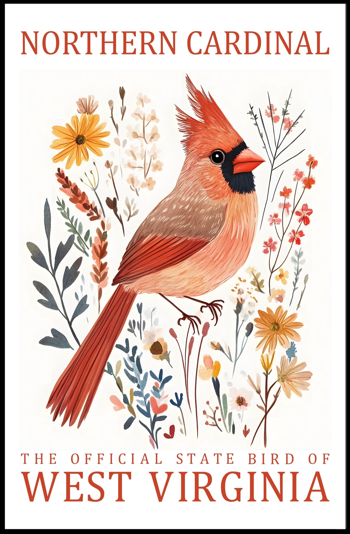 Northern Cardinal State Bird Watercolor Art Poster