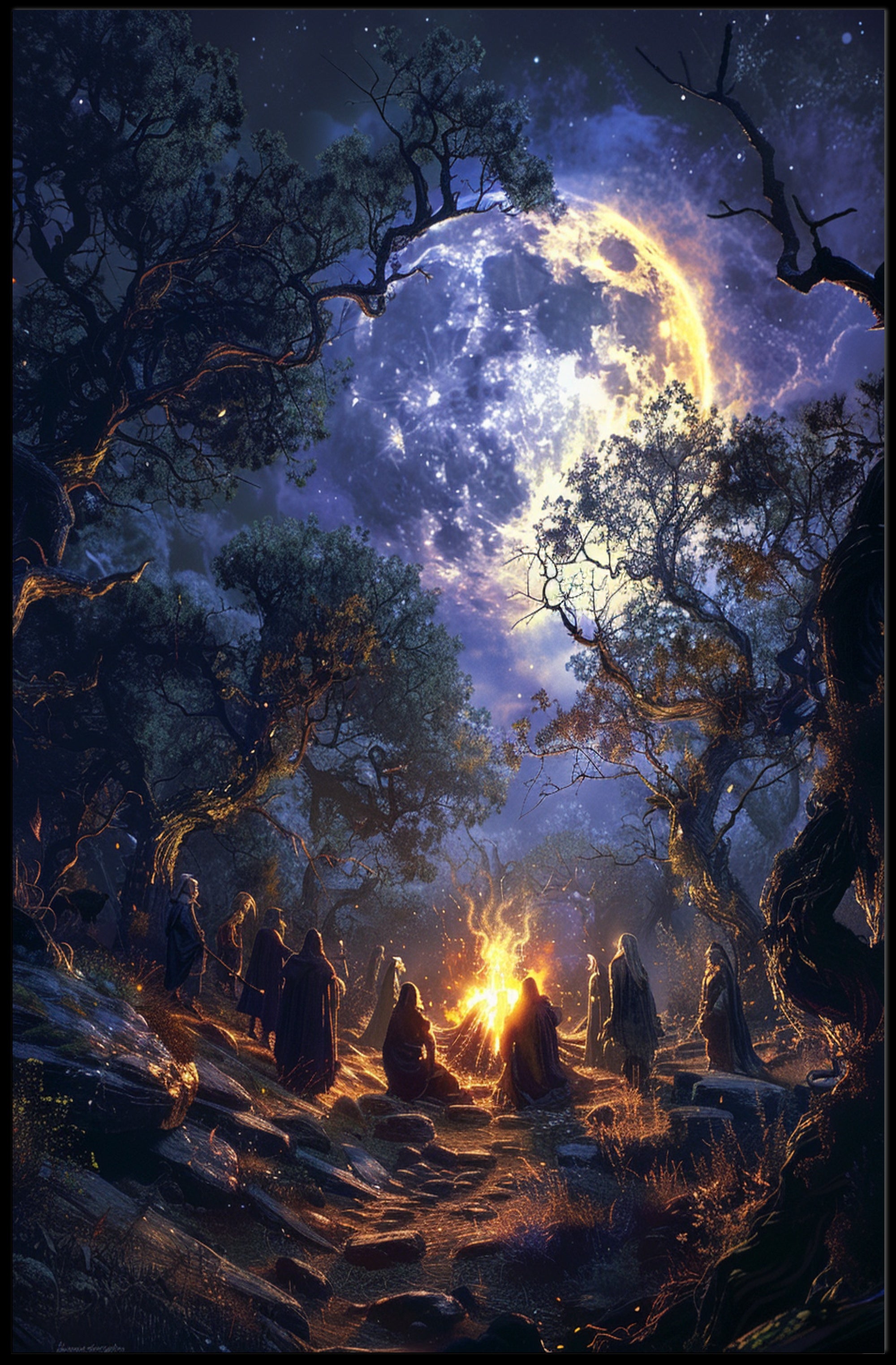 Mystical Moonlit Forest Gathering Fantasy or Mythology Poster PosterGoat