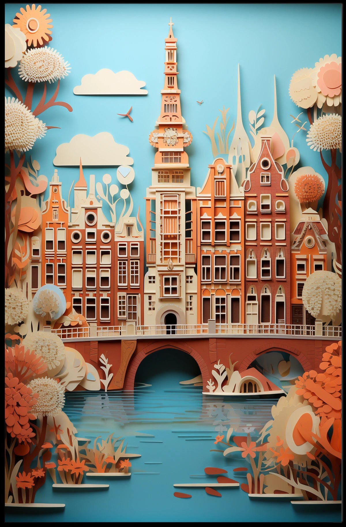 Amsterdam Canal Bridge Scene with Whimsical Urban or Cityscape Poster