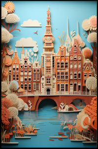 Amsterdam Canal Bridge Scene with Whimsical Urban or Cityscape Poster