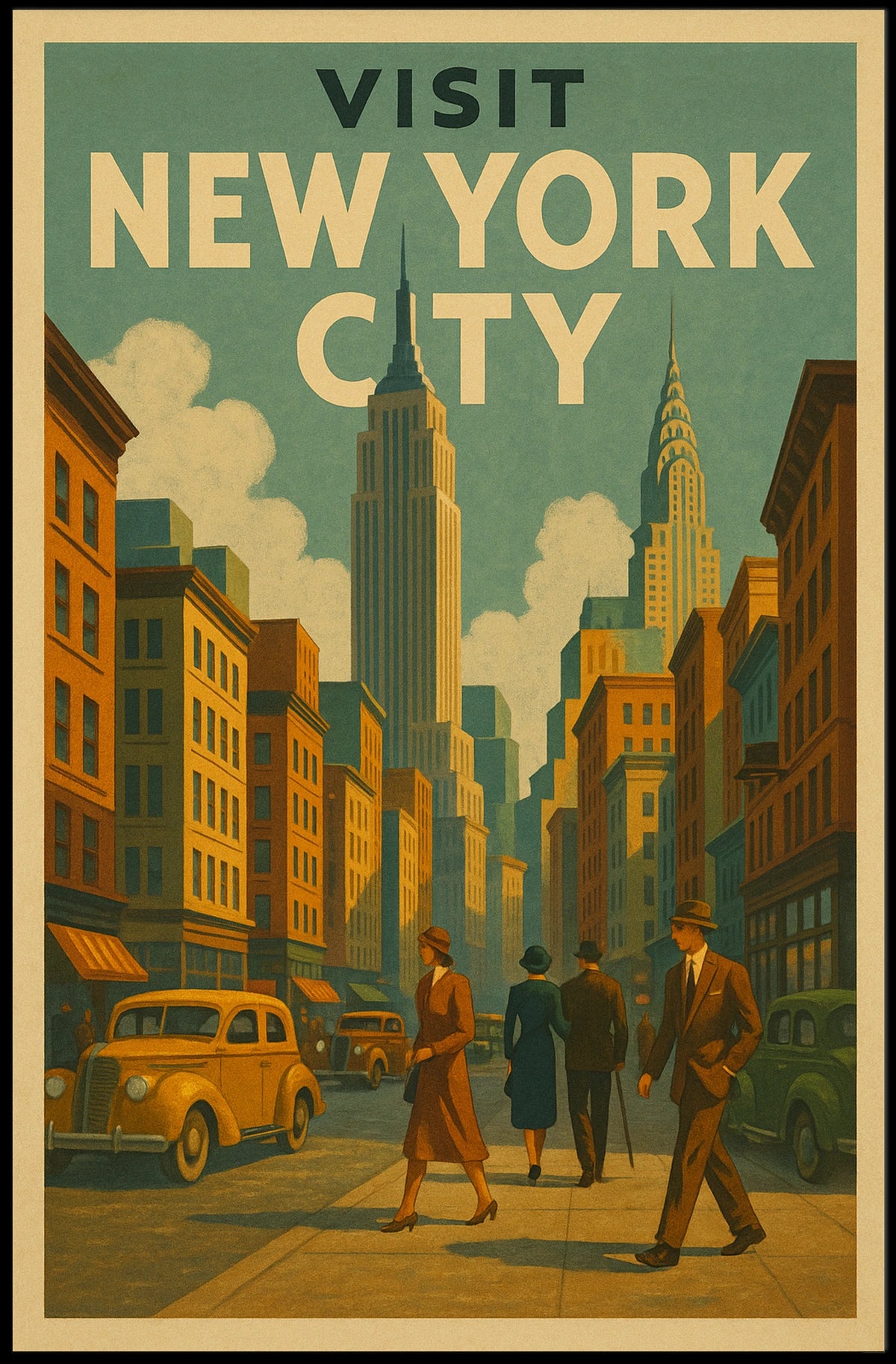 Visit New York Poster Vintage Travel Cityscape Wall Art