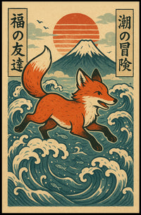 Fox Adventure in Japanese Waves Poster PosterGoat