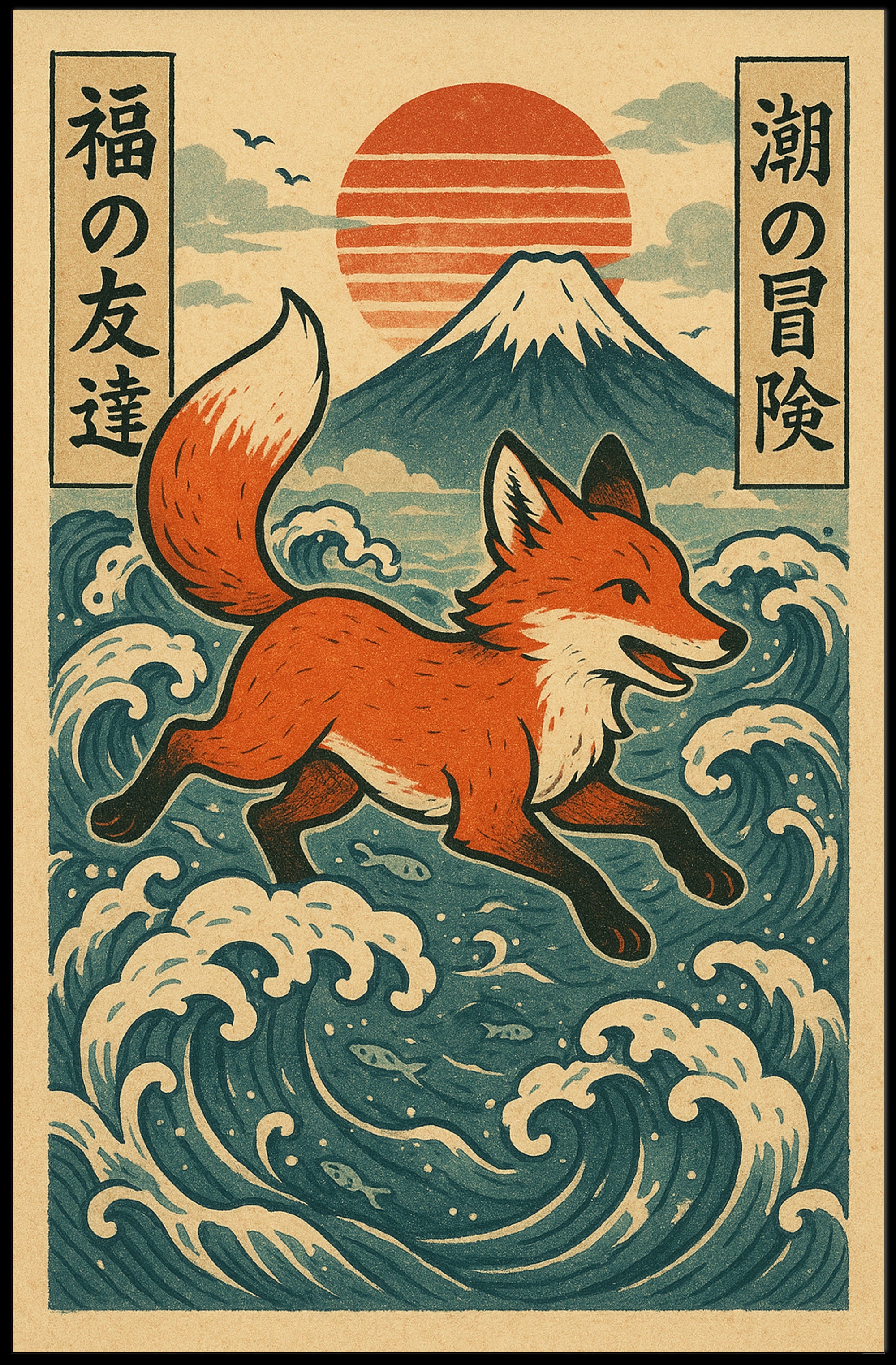 Fox Adventure in Japanese Waves Poster PosterGoat