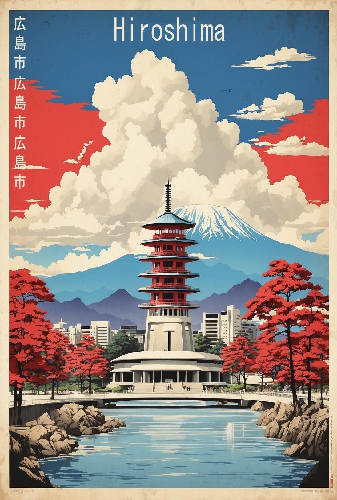 Japanese Pagoda with Red Trees Travel Poster