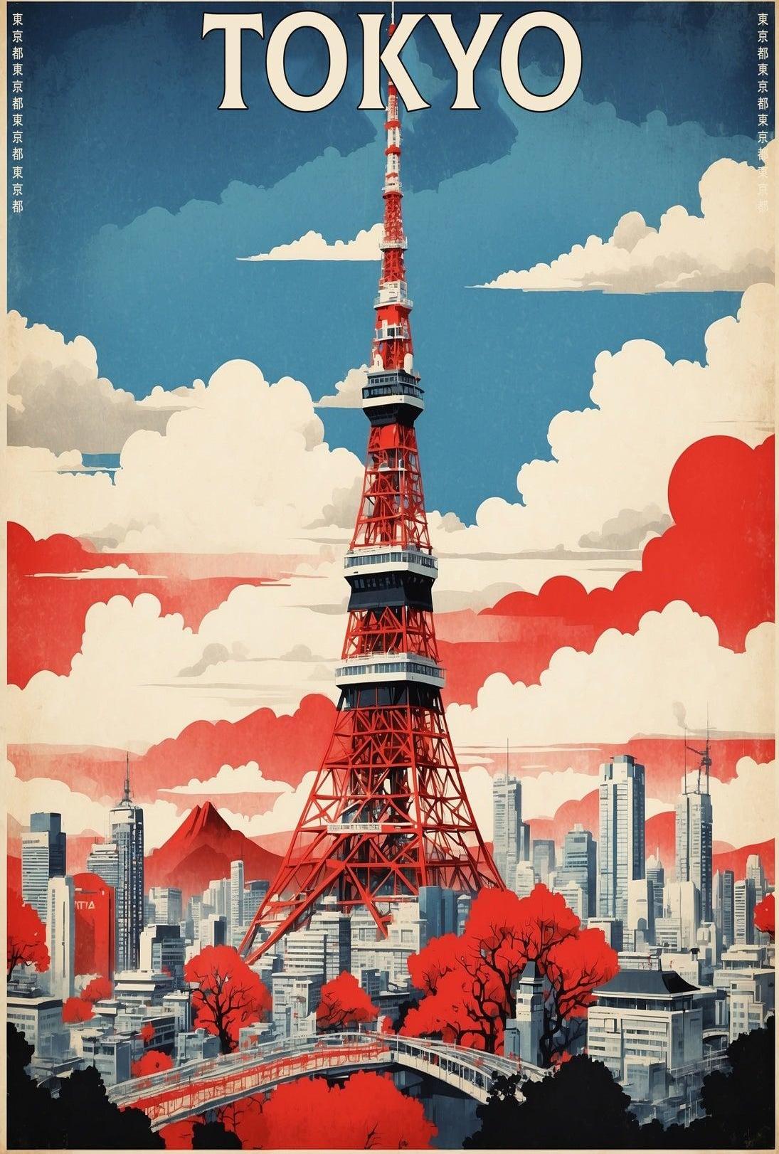 Tokyo Tower Retro-Futuristic Travel Poster