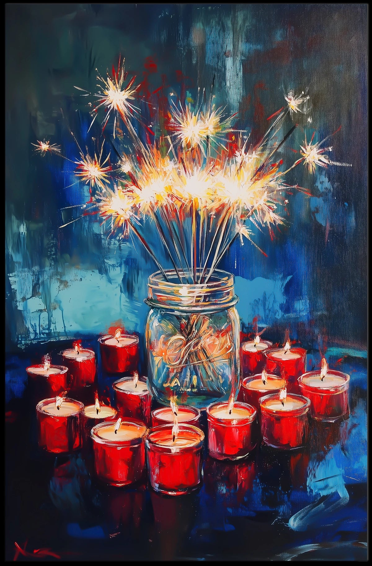 Glowing Sparkler Bouquet In Mason Jar Centerpiece Poster