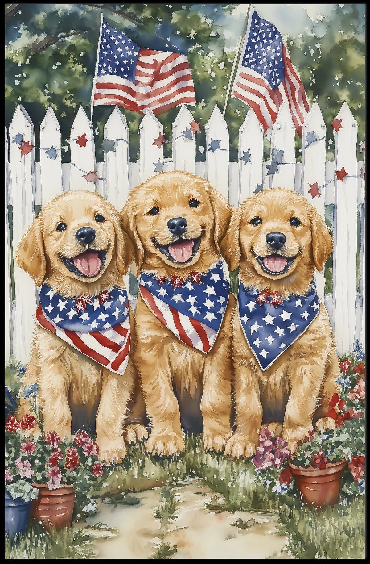 Charming Trio Of Golden Retriever Puppies Wall Art Poster