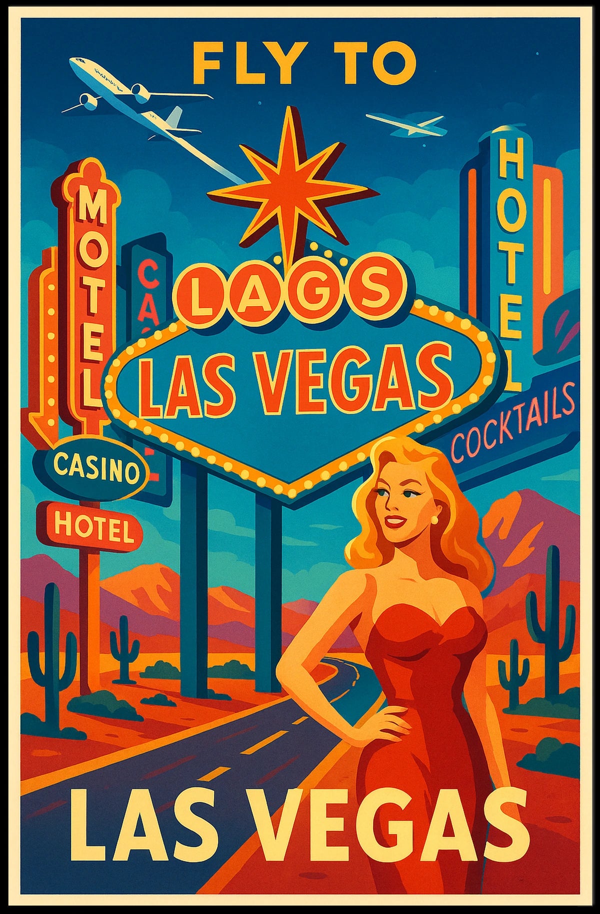 Fly to Las Vegas Retro Travel Promotion Poster