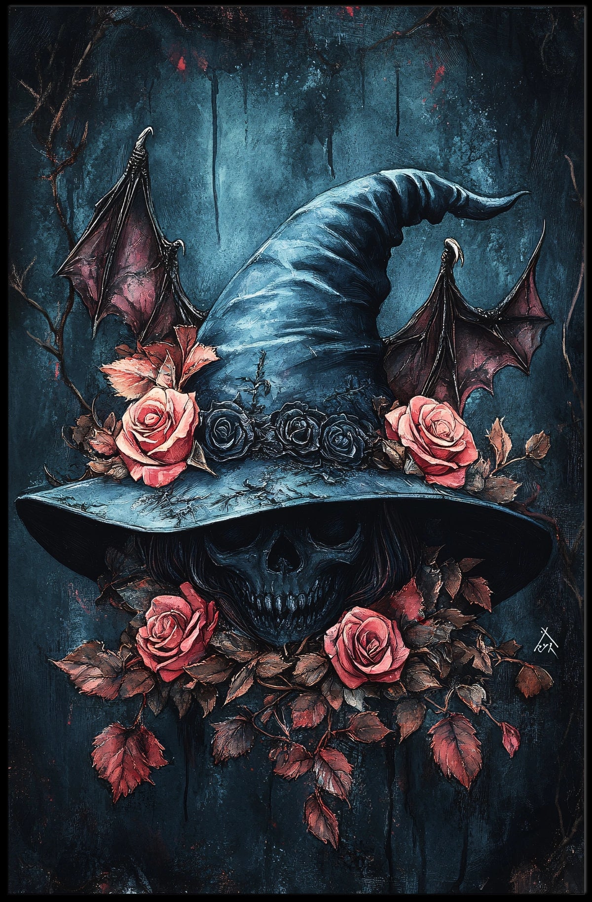Mystical Skull and Roses Witch Hat Artistic Poster