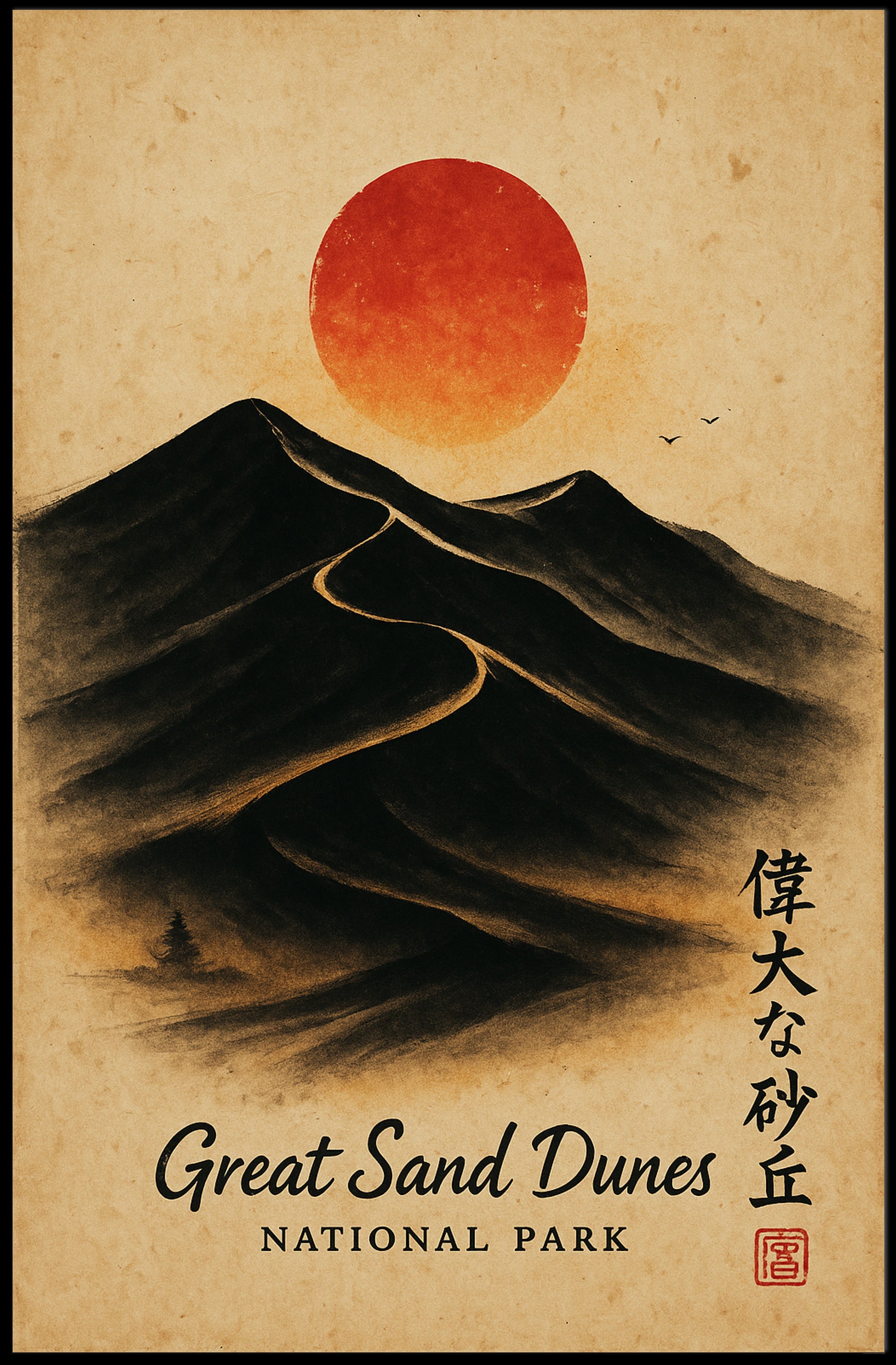 Great Sand Dunes Art with Vintage Japanese Style - National Park Poster