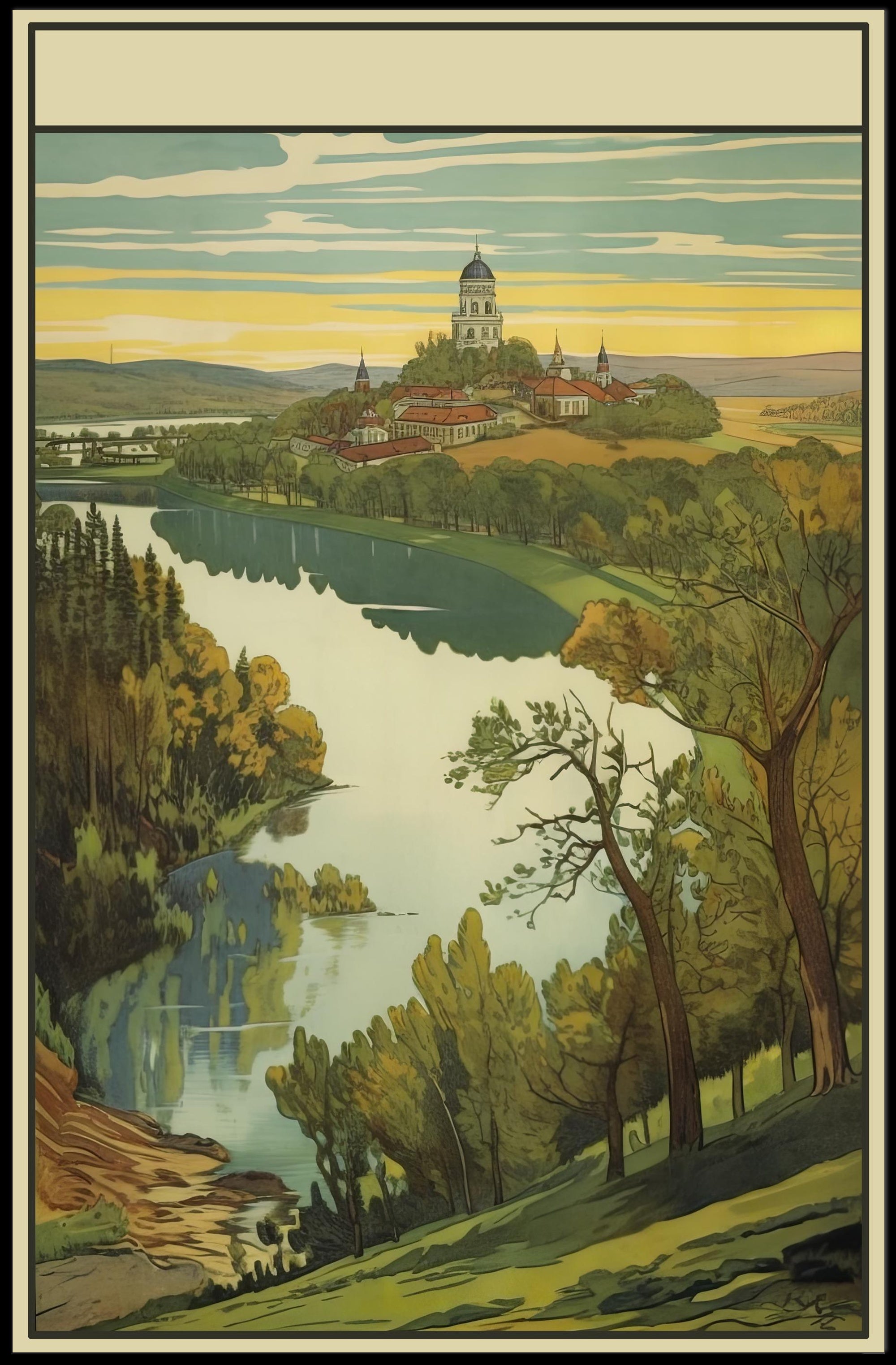 Scenic Riverside Illustration Poster
