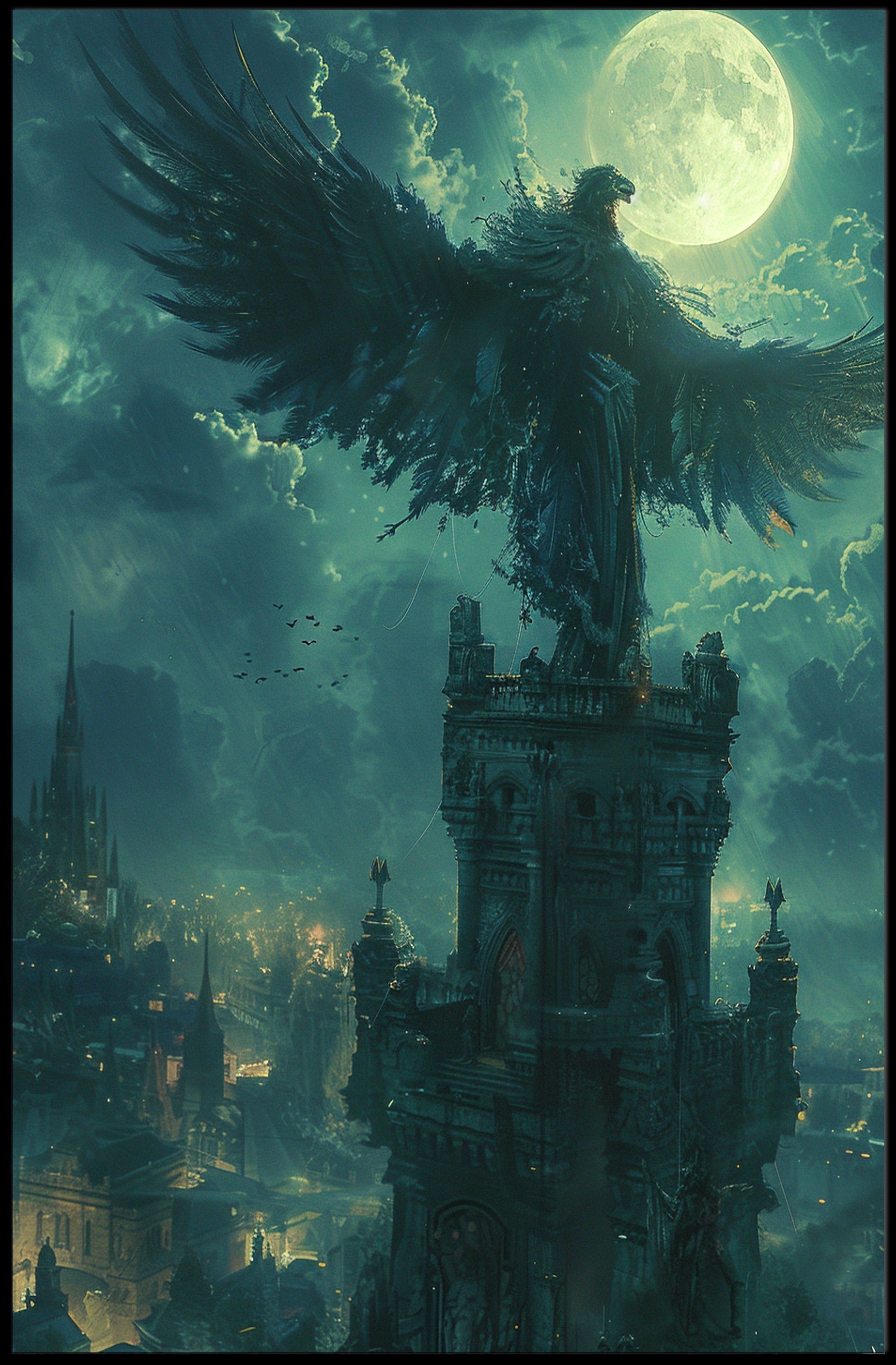 Mystical Phoenix in Moonlit Gothic City Poster PosterGoat