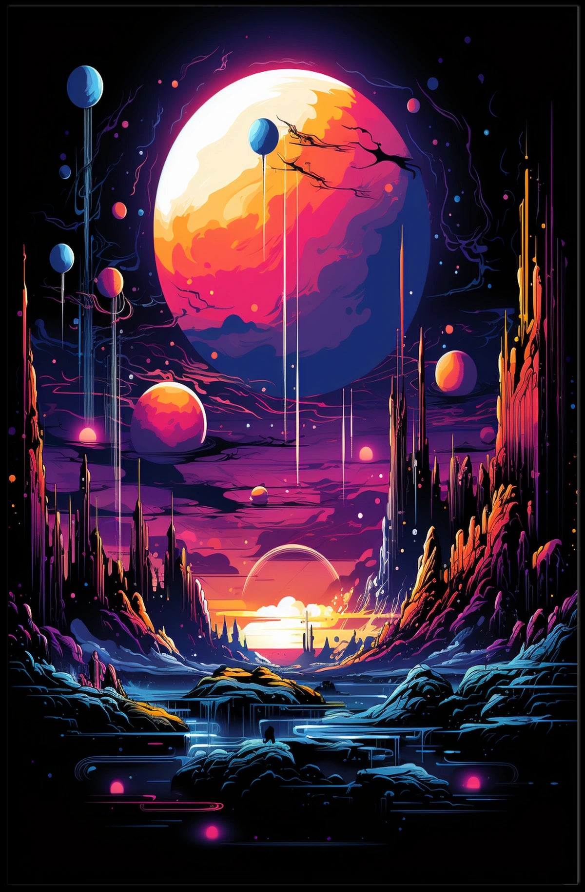 The poster features a vibrant and surreal sci-fi landscape. The core subject is Travel Poster